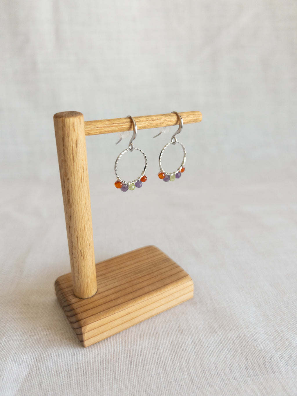 Round Drop Earrings - Silver / Purple, Green & Orange