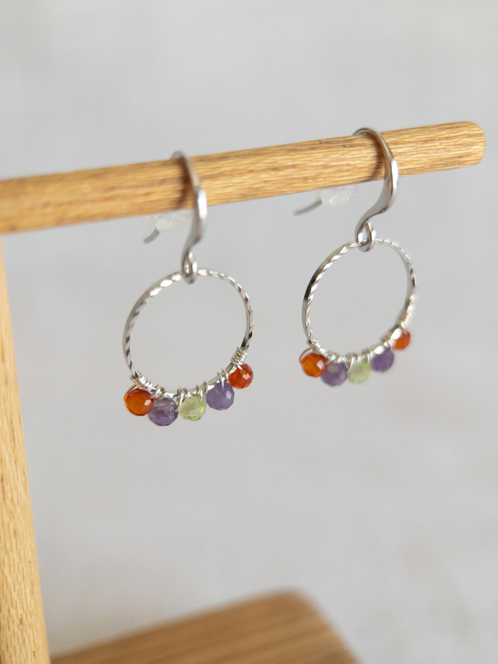 Round Drop Earrings - Silver / Purple, Green & Orange