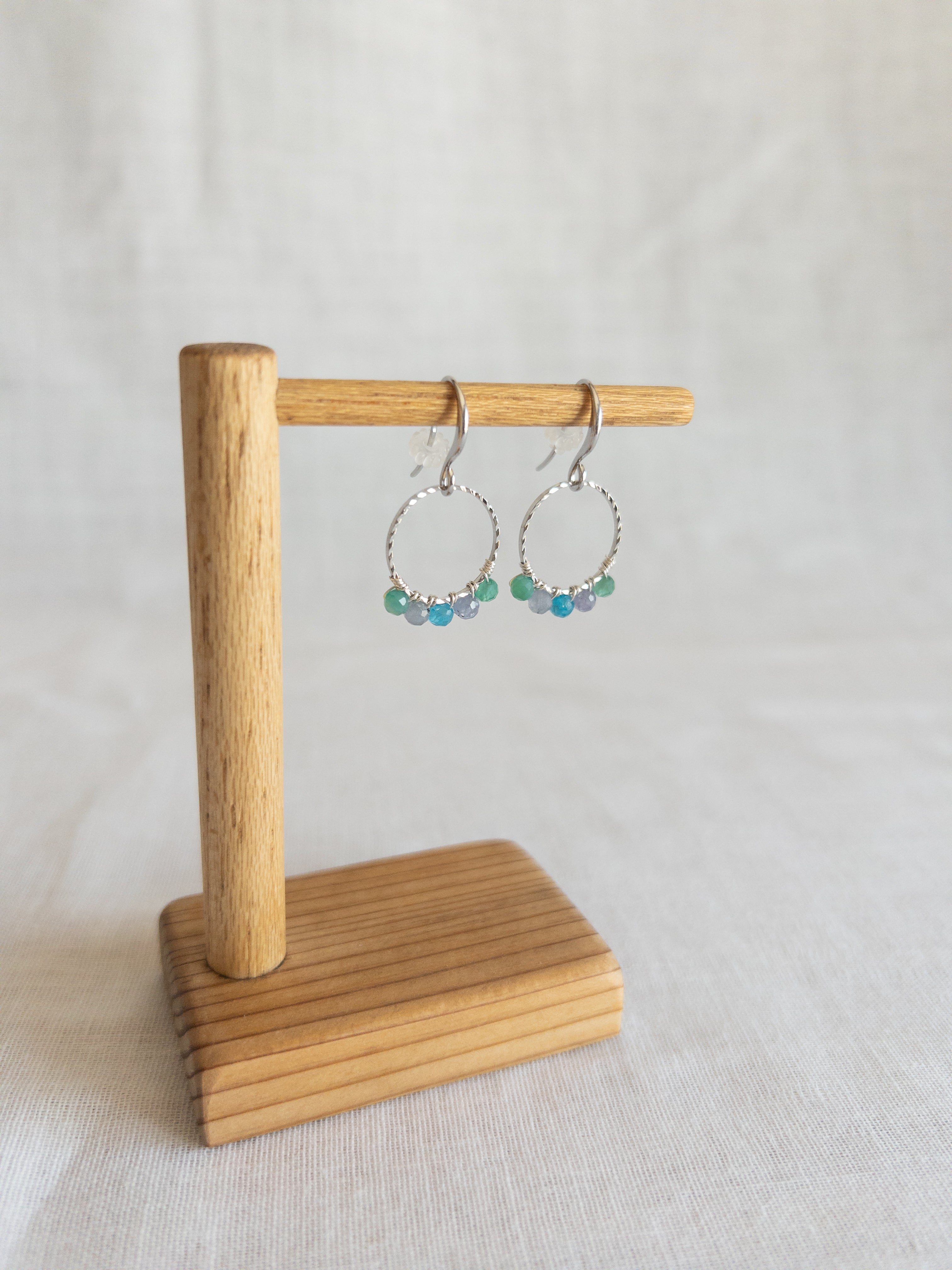 Round Drop Earrings - Silver / Green & Blue