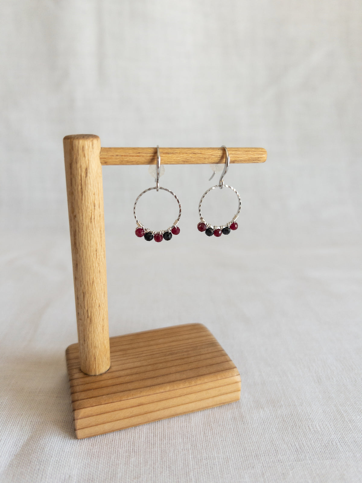 Round Drop Earrings - Silver / Black & Red