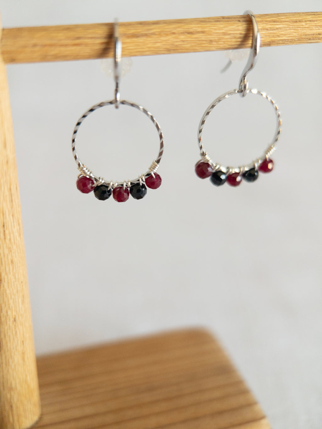 Round Drop Earrings - Silver / Black & Red