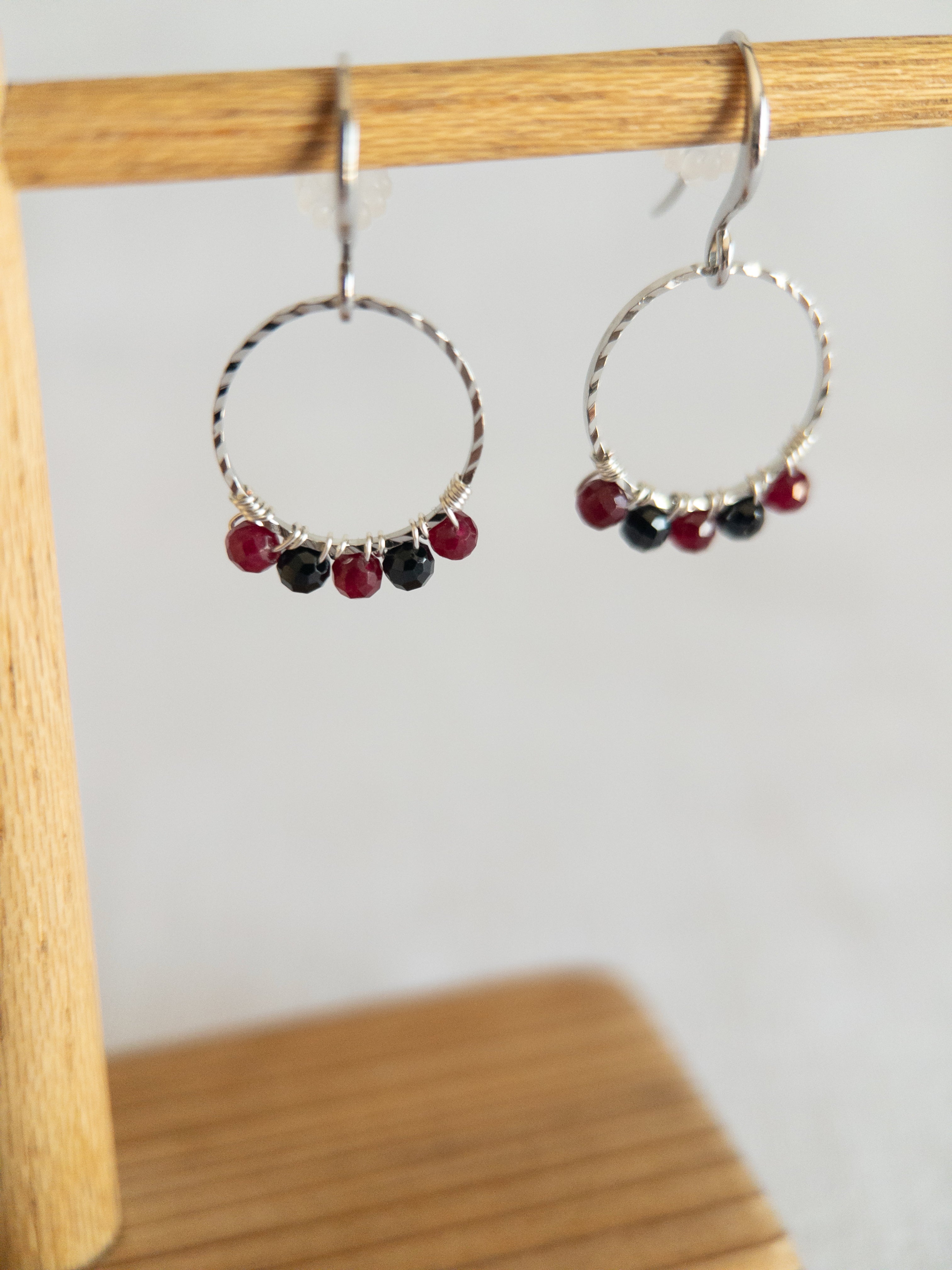 Round Drop Earrings - Silver / Black & Red