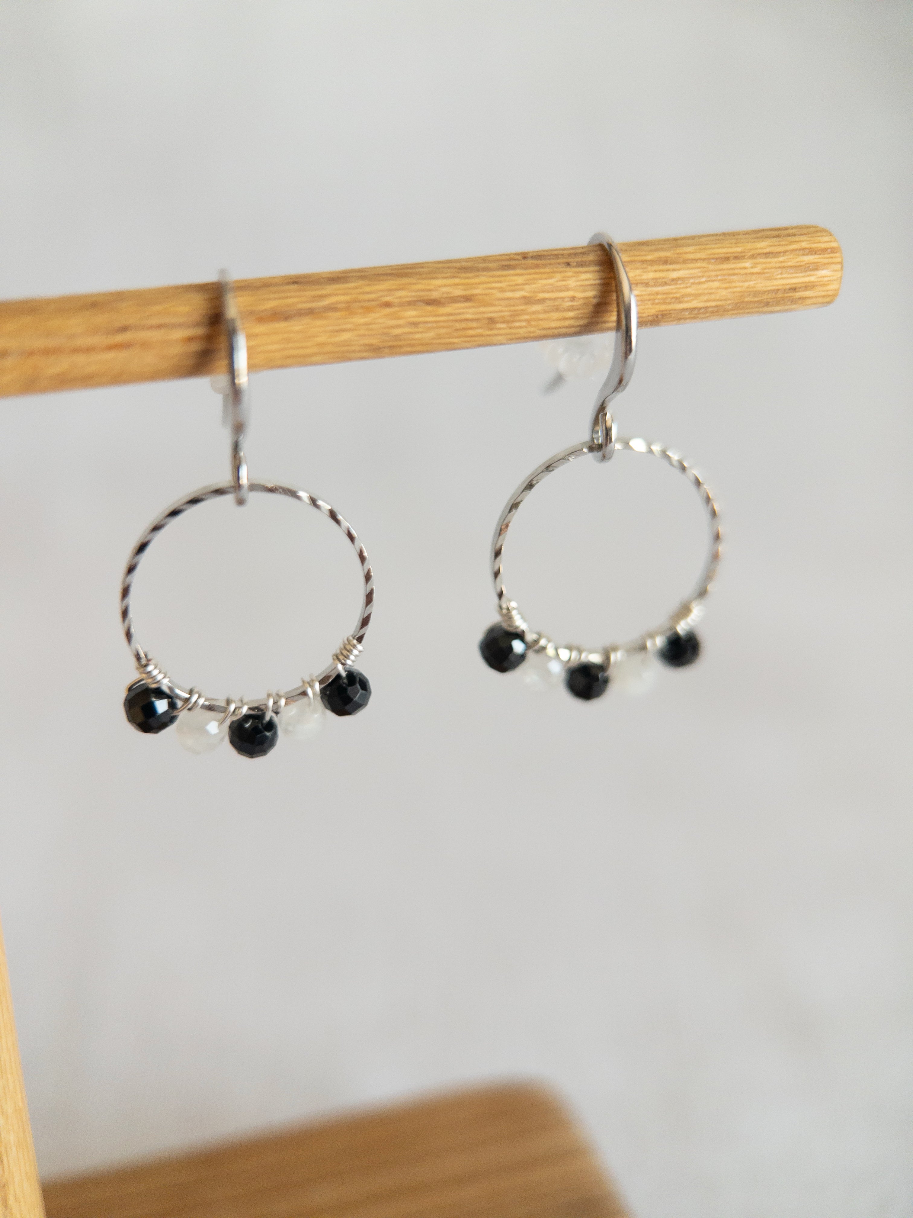 Round Drop Earrings - Silver / Black & White