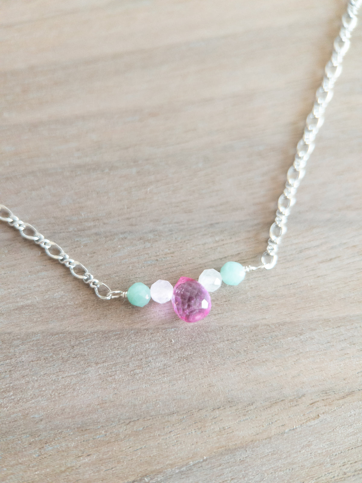 Beaded Necklace - Silver / Pink Topaz + Green