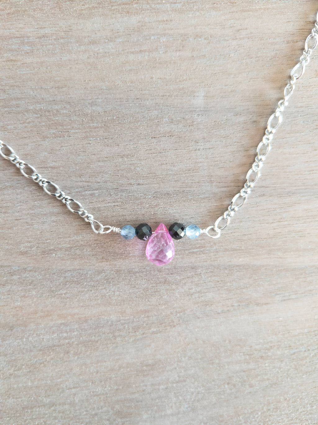 Beaded Necklace - Silver / Pink Topaz + Black