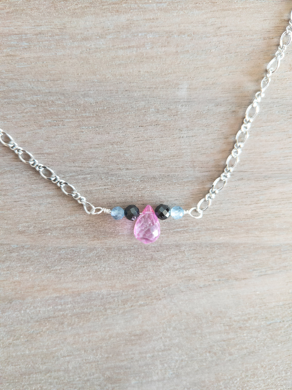 Beaded Necklace - Silver / Pink Topaz + Black