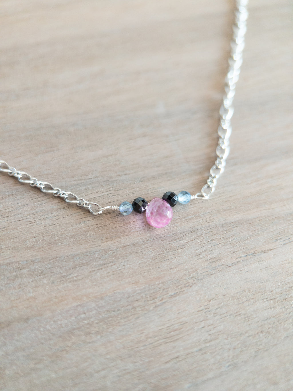 Beaded Necklace - Silver / Pink Topaz + Black