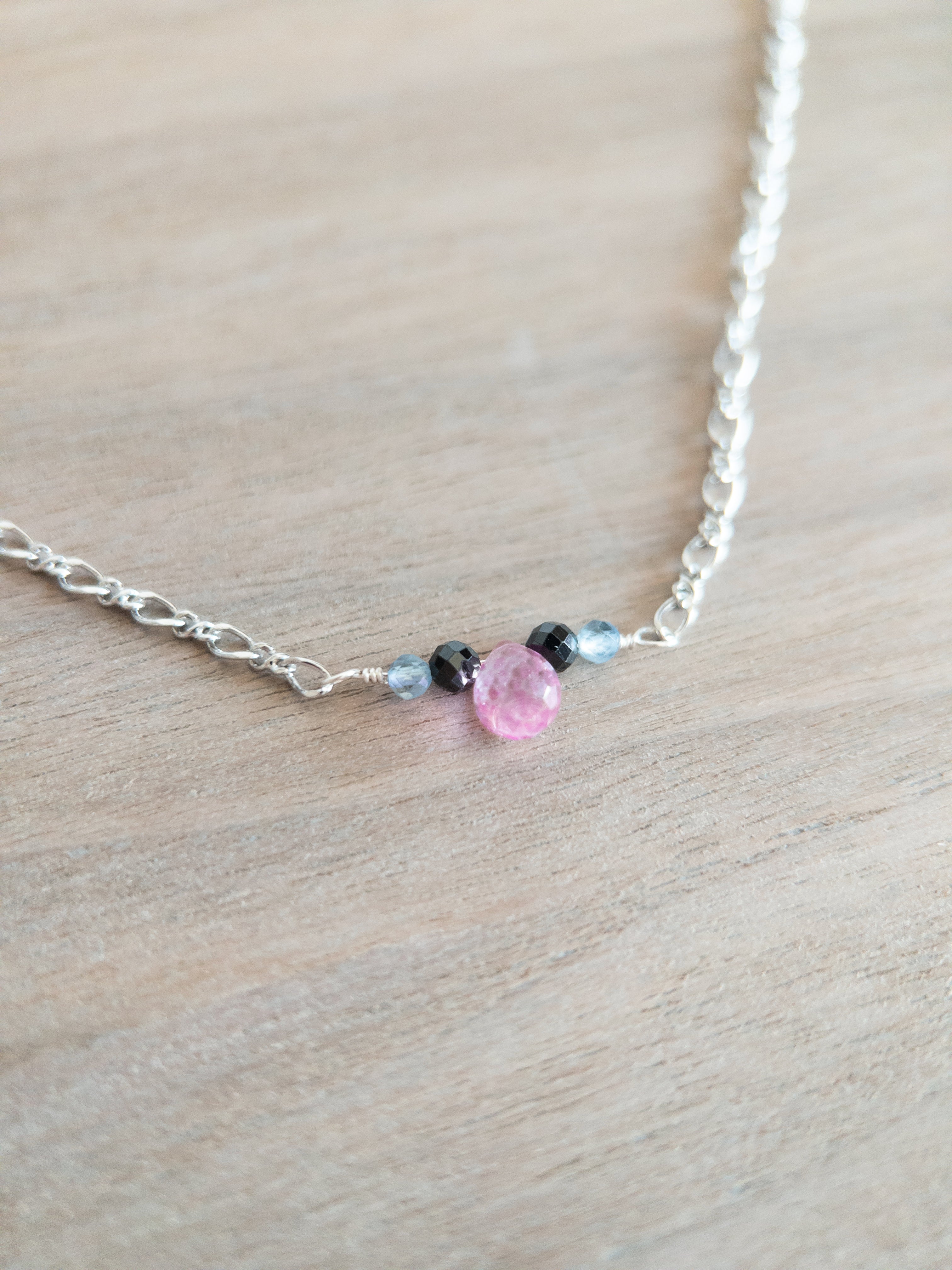 Beaded Necklace - Silver / Pink Topaz + Black
