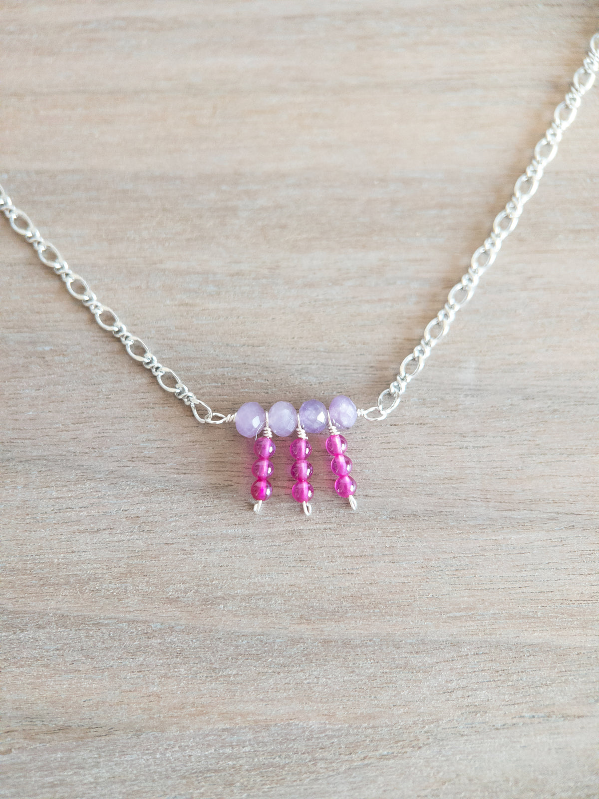 Beaded Necklace - Silver / Dangling Purple and Pink
