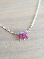 Beaded Necklace - Silver / Dangling Purple and Pink