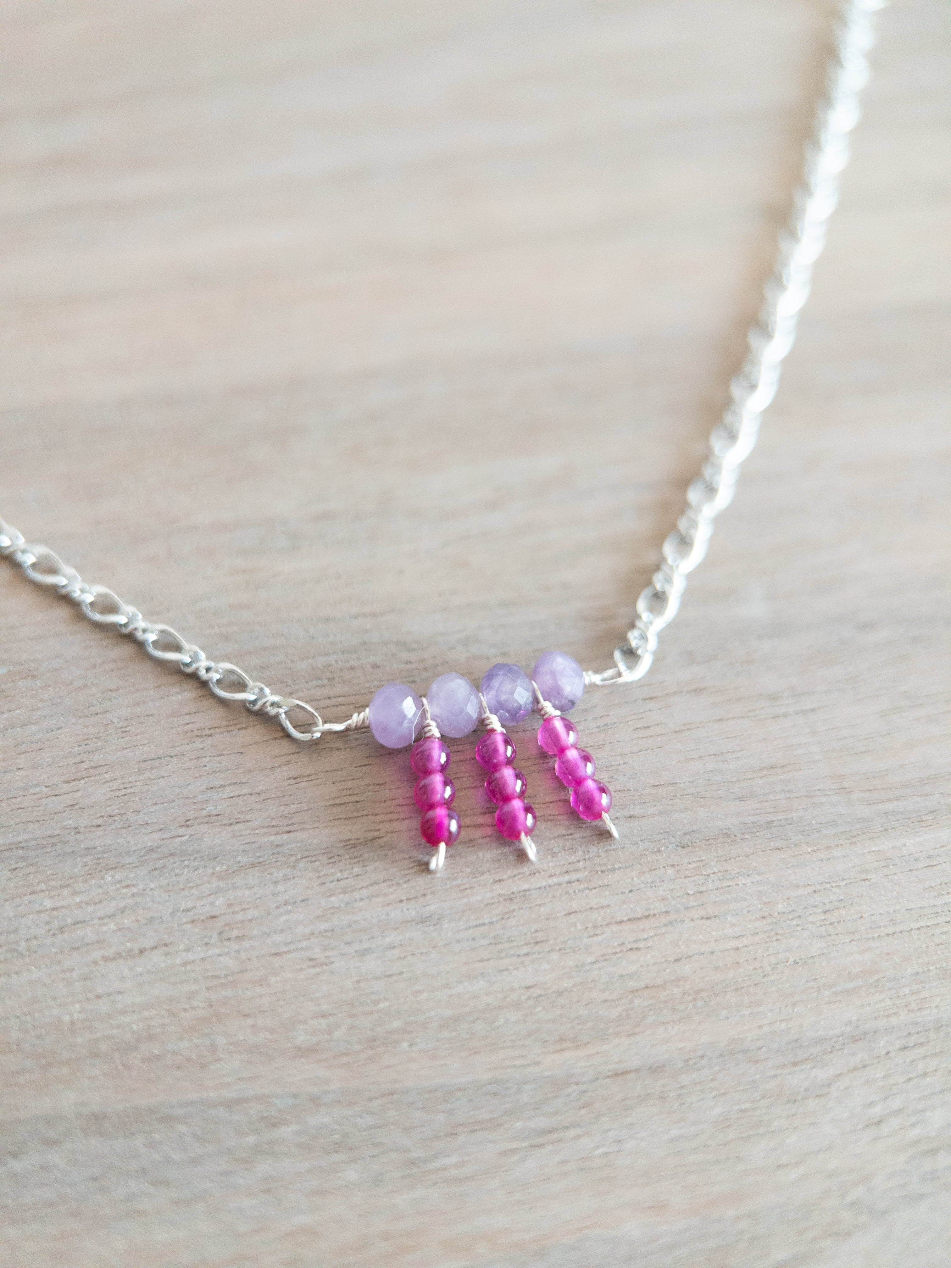 Beaded Necklace - Silver / Dangling Purple and Pink