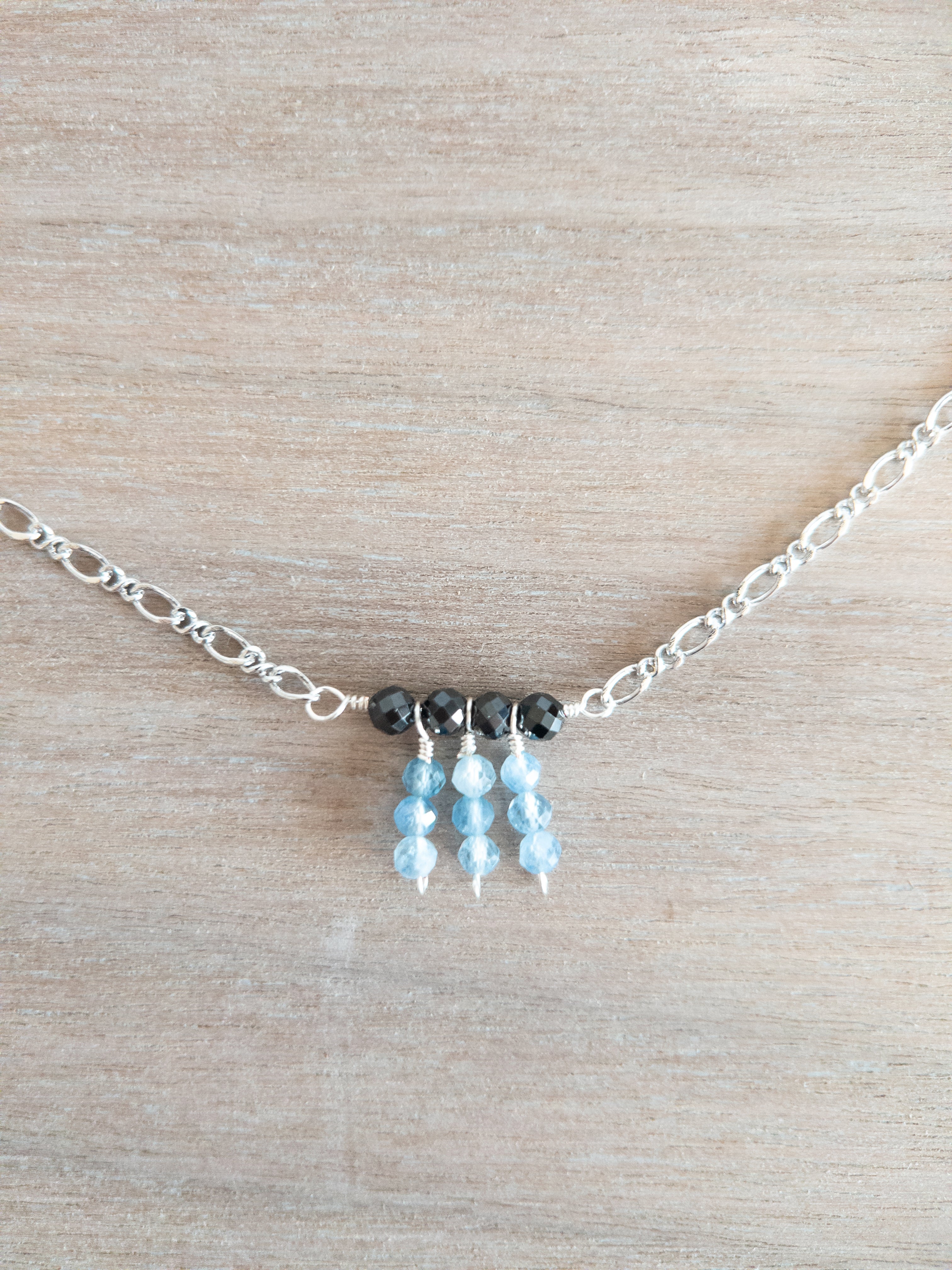 Beaded Necklace - Silver / Dangling Blue & Black