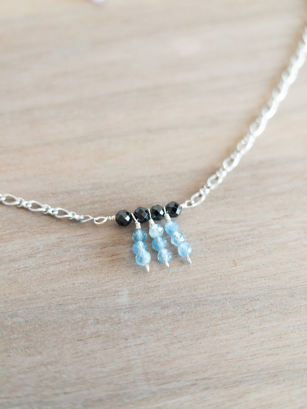 Beaded Necklace - Silver / Dangling Blue & Black