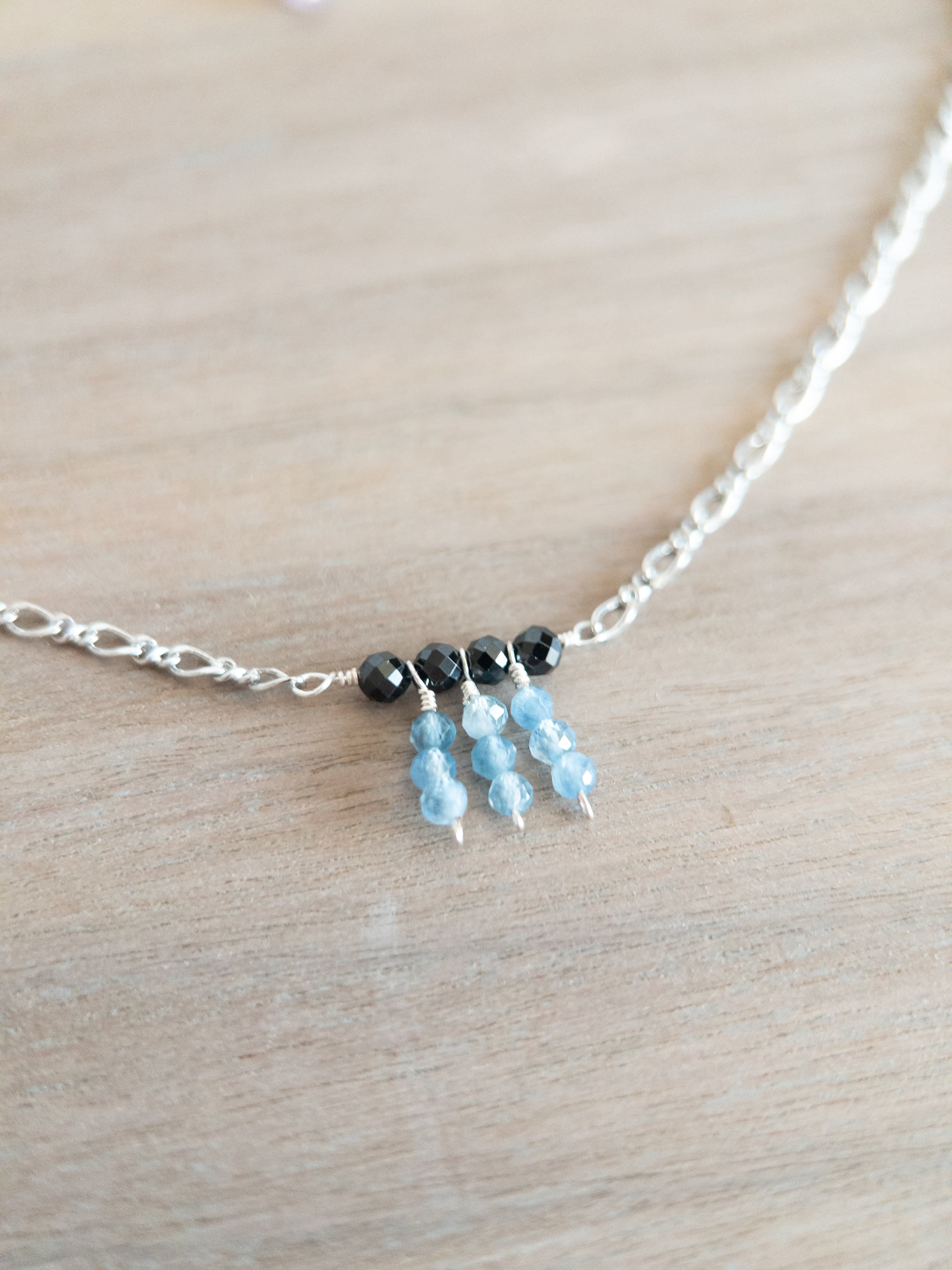 Beaded Necklace - Silver / Dangling Blue & Black