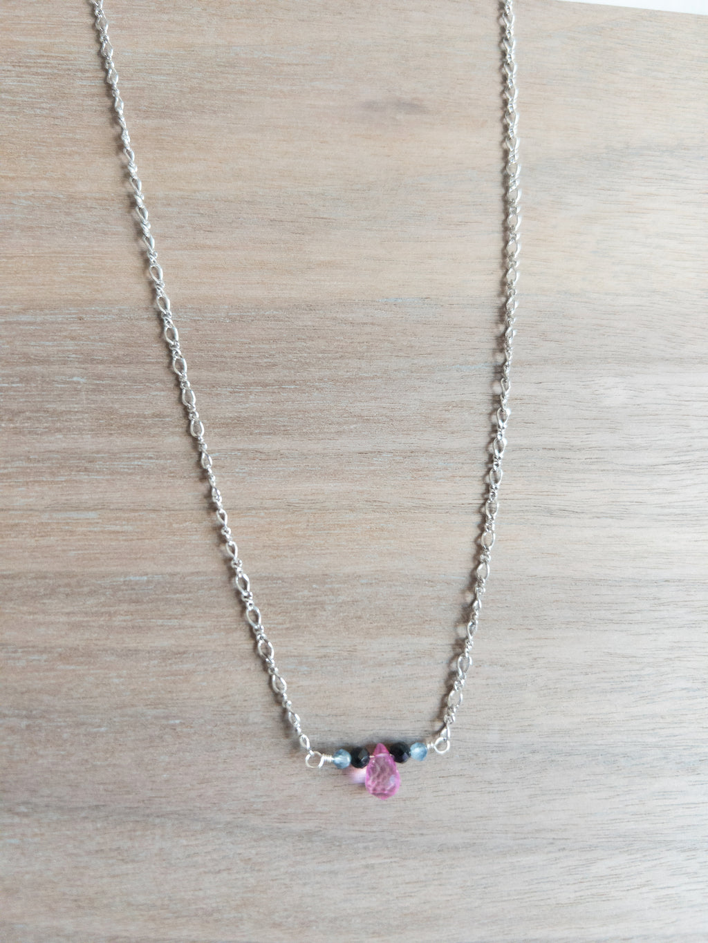 Beaded Necklace - Silver / Pink Topaz + Black
