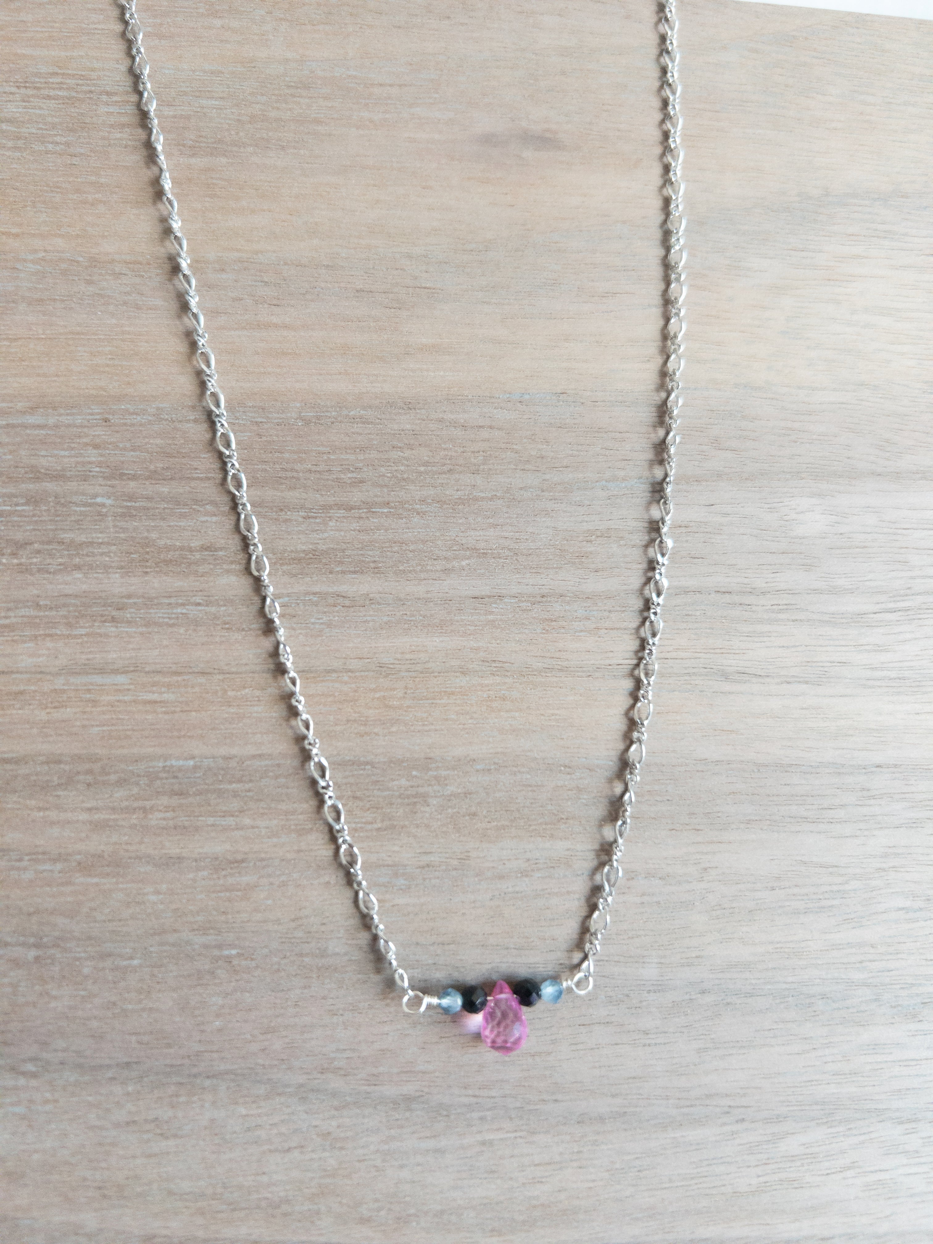 Beaded Necklace - Silver / Pink Topaz + Black
