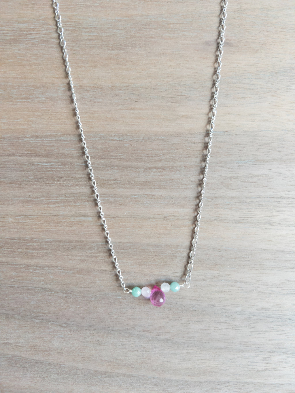 Beaded Necklace - Silver / Pink Topaz + Green