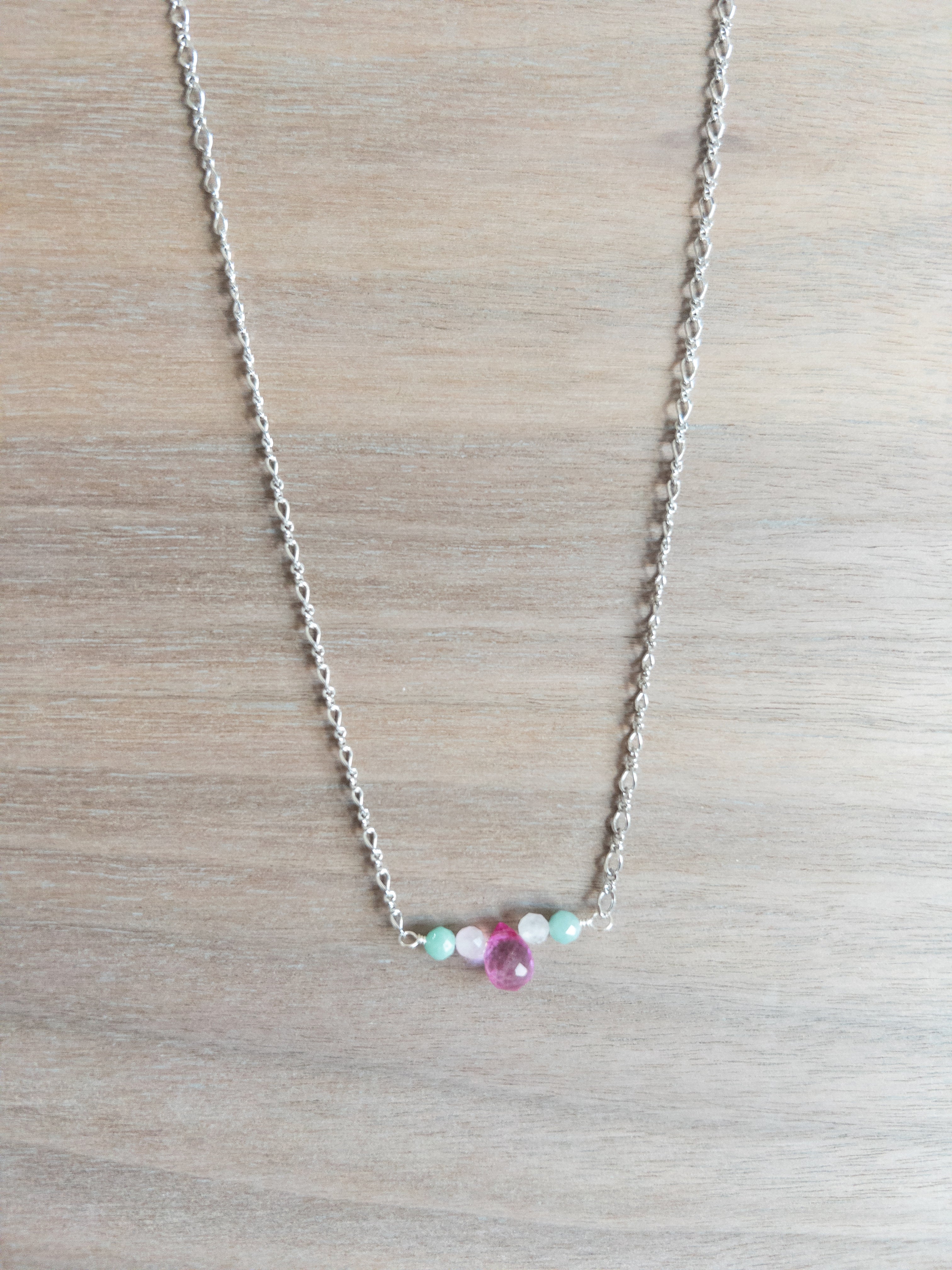 Beaded Necklace - Silver / Pink Topaz + Green