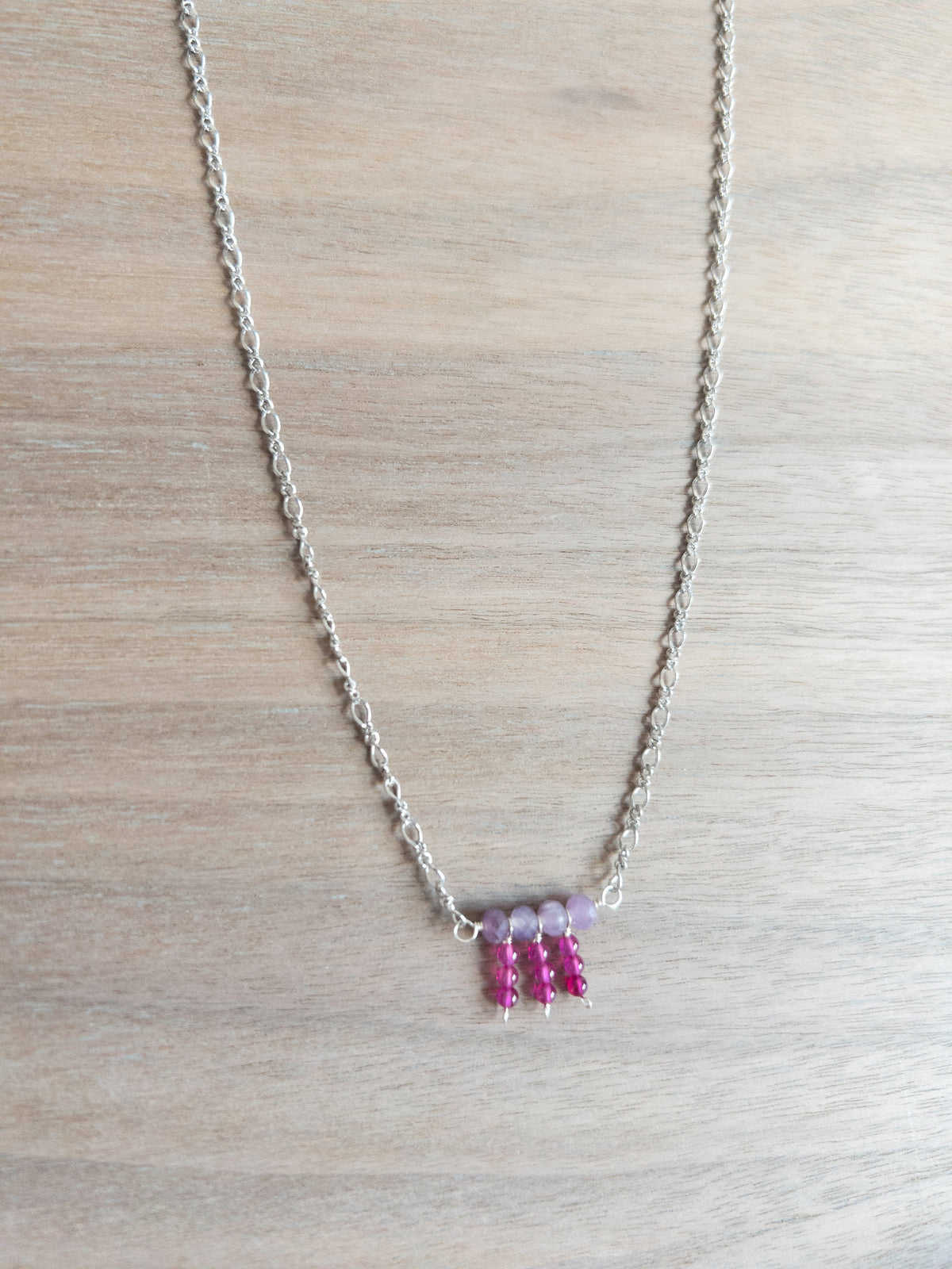 Beaded Necklace - Silver / Dangling Purple and Pink