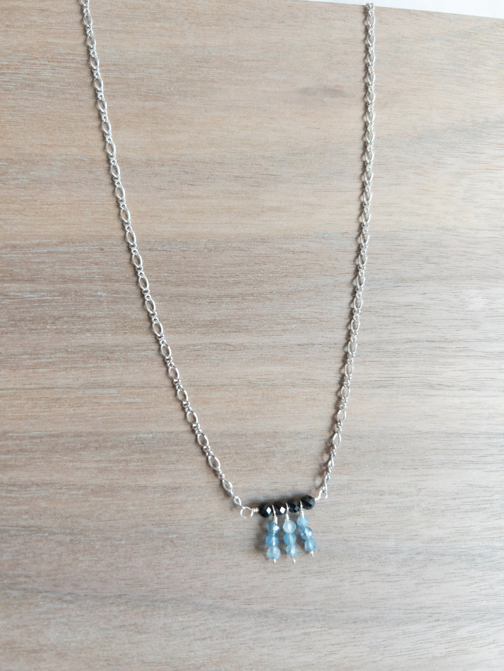 Beaded Necklace - Silver / Dangling Blue & Black