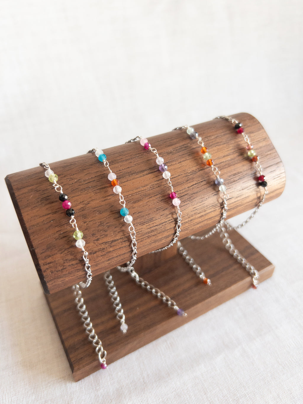 Colorful Gemstone Beaded Bracelet - Silver / Green & Brown
