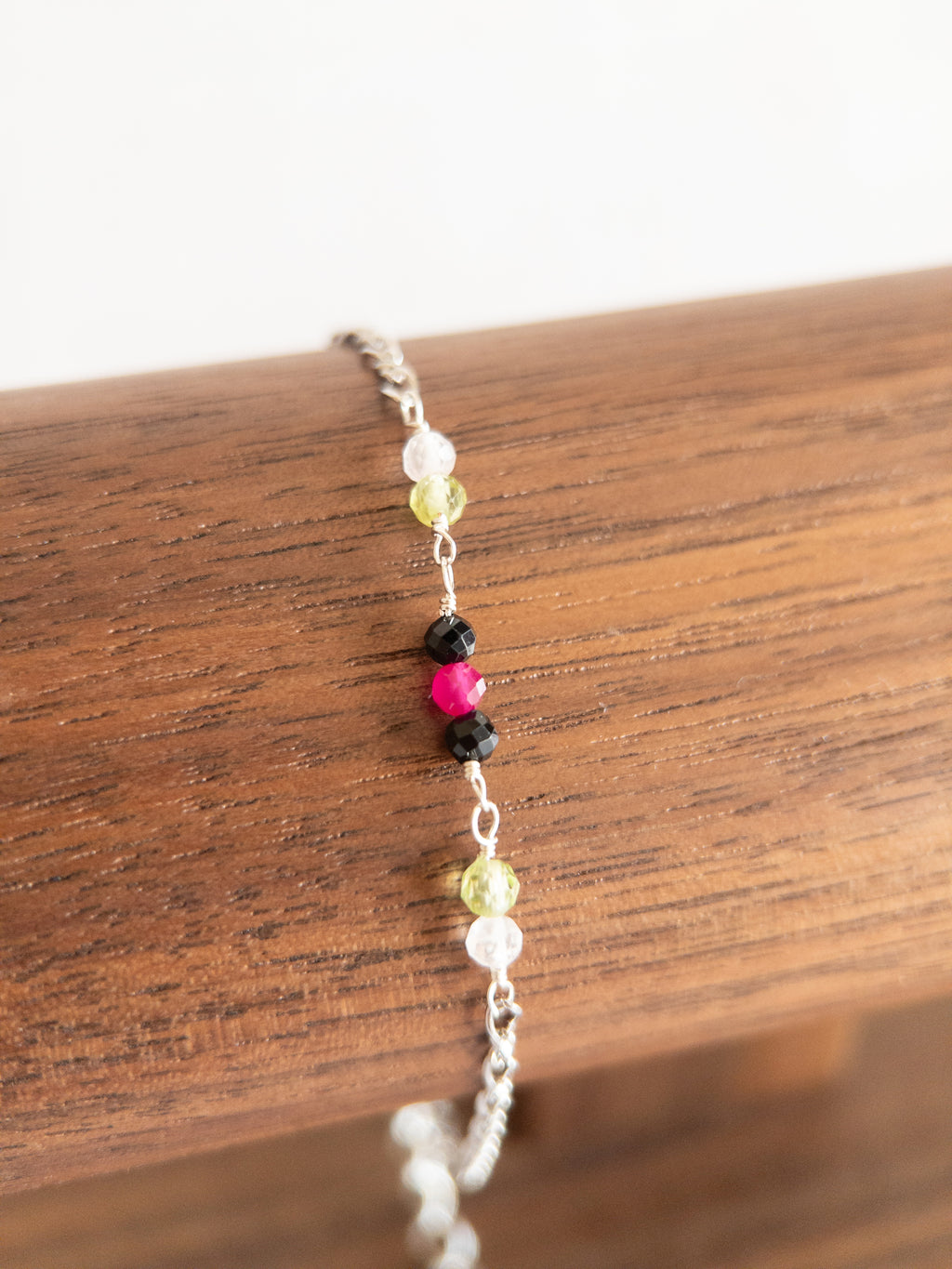 Colorful Gemstone Beaded Bracelet - Silver / Black & Pink