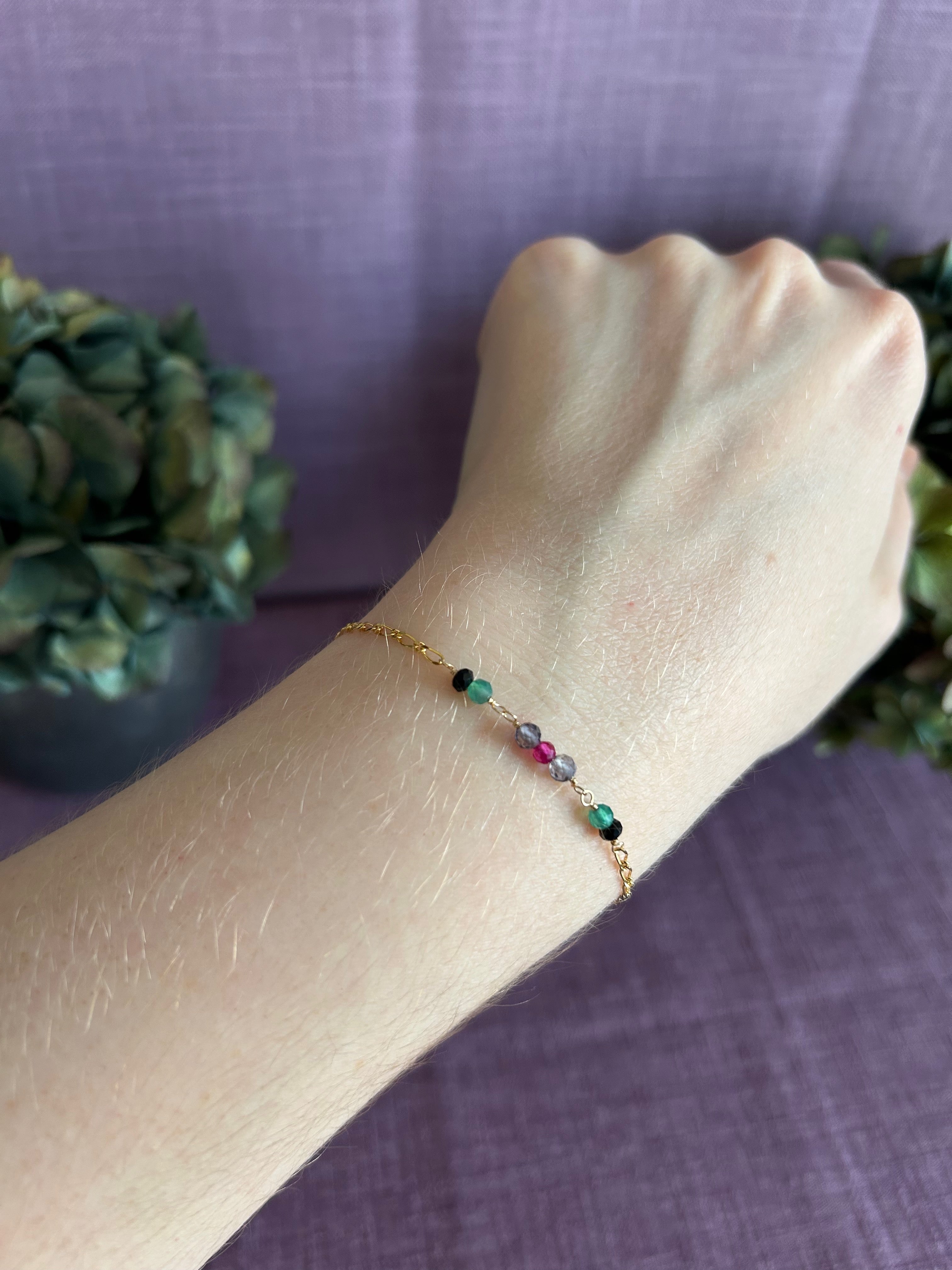 Colorful Gemstone Beaded Bracelet - Black, Green, Purple & Pink