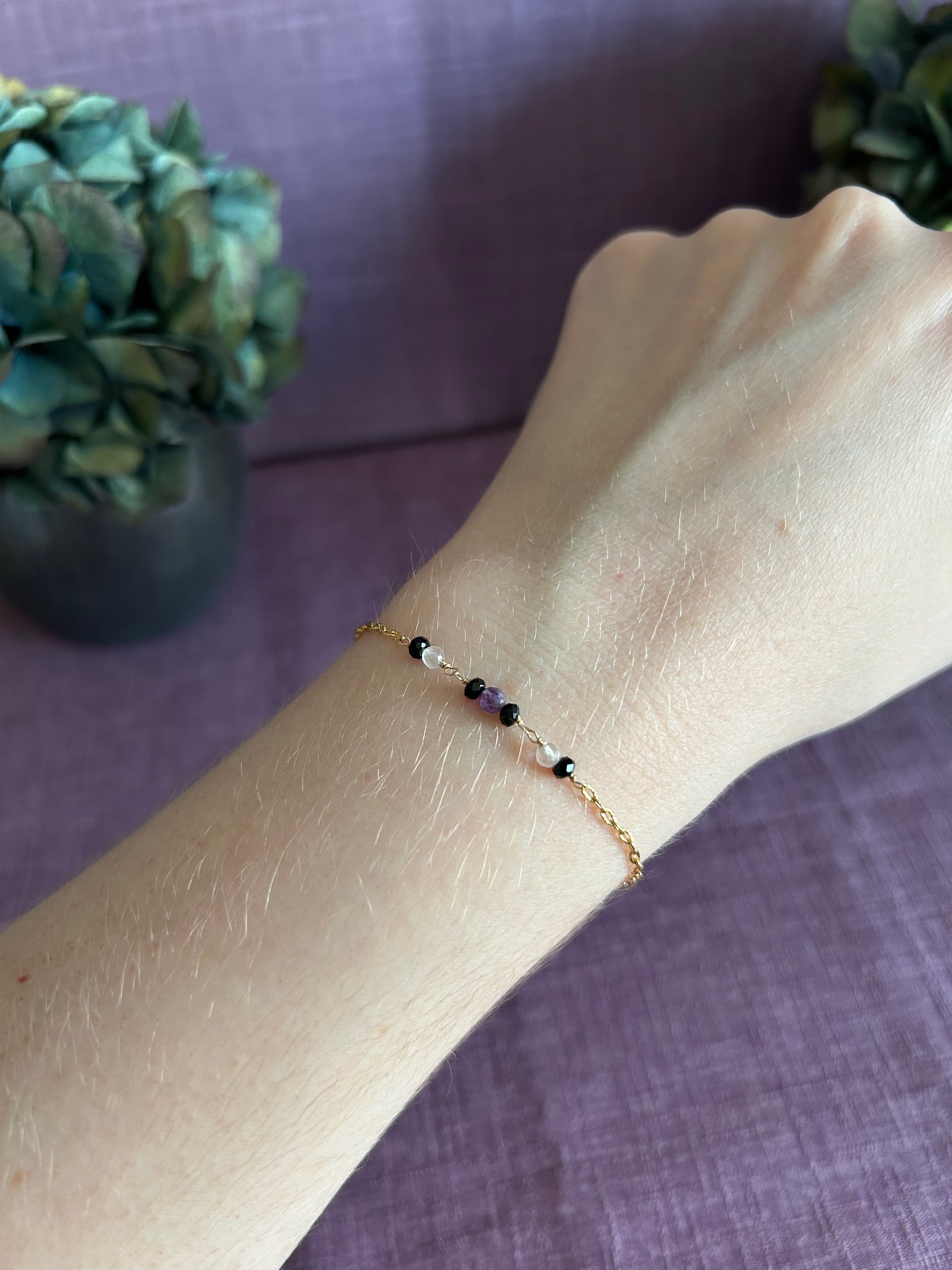 Colorful Gemstone Beaded Bracelet - Black, Light Pink & Purple