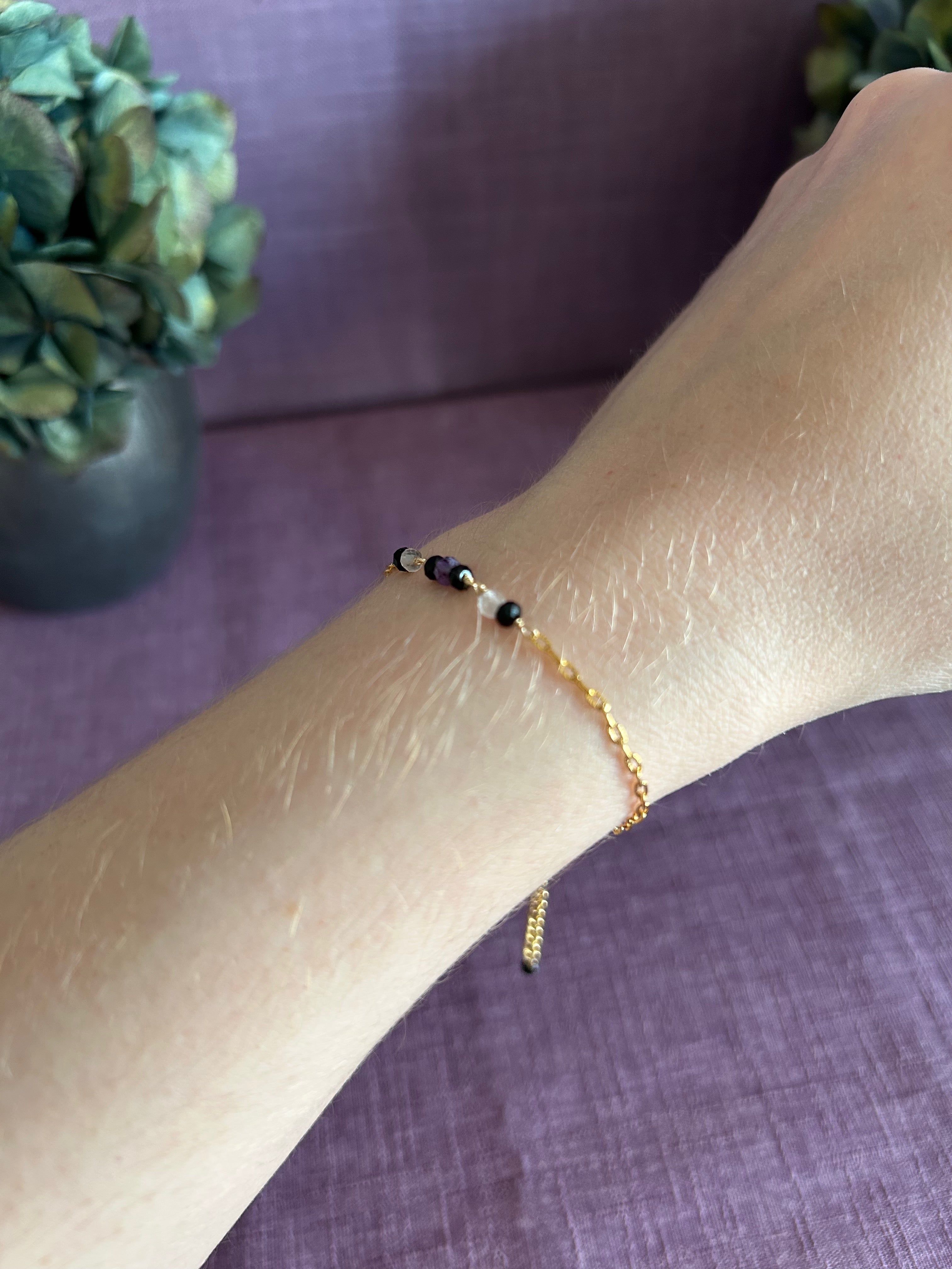 Colorful Gemstone Beaded Bracelet - Black, Light Pink & Purple