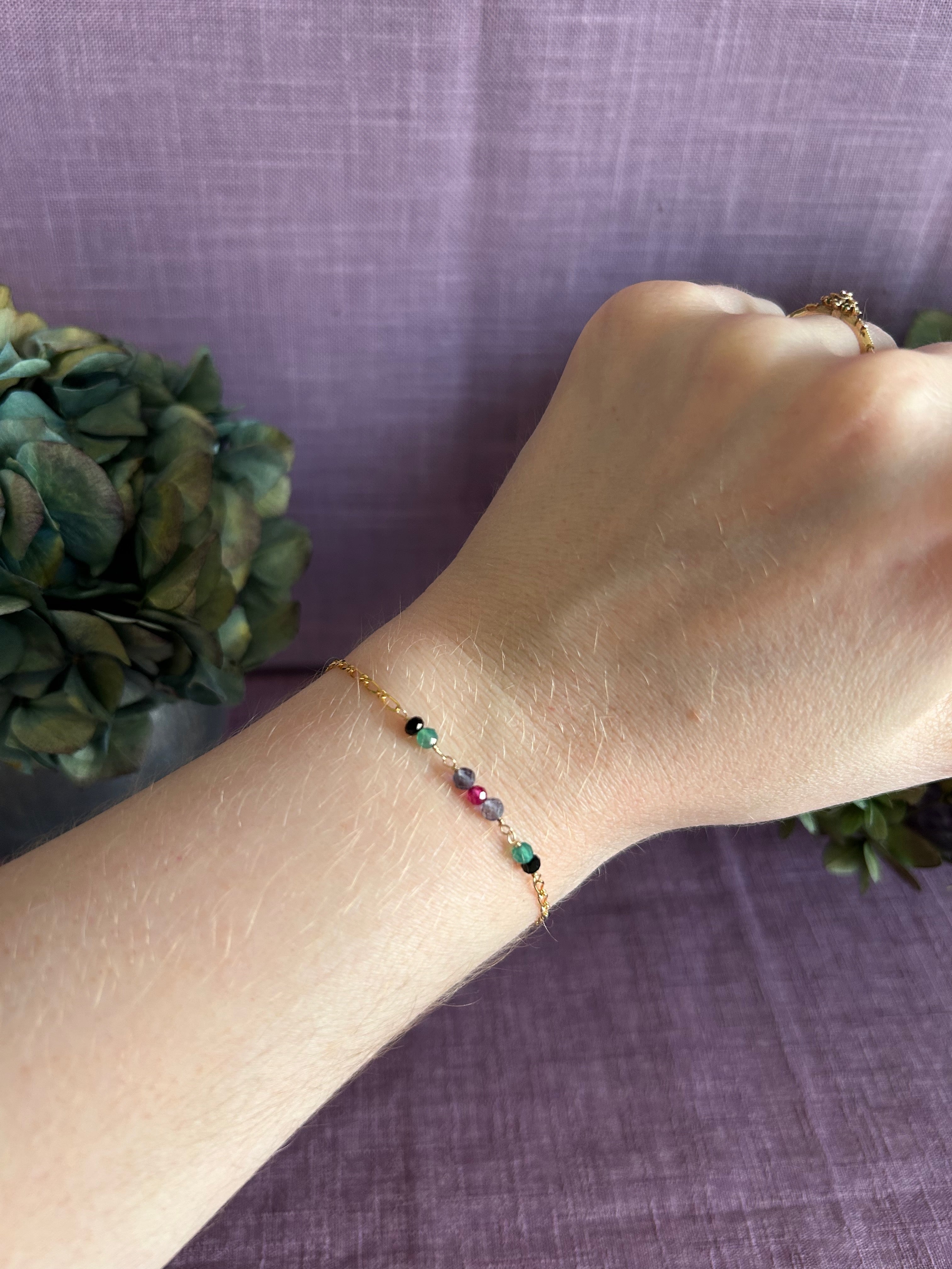 Colorful Gemstone Beaded Bracelet - Black, Green, Purple & Pink