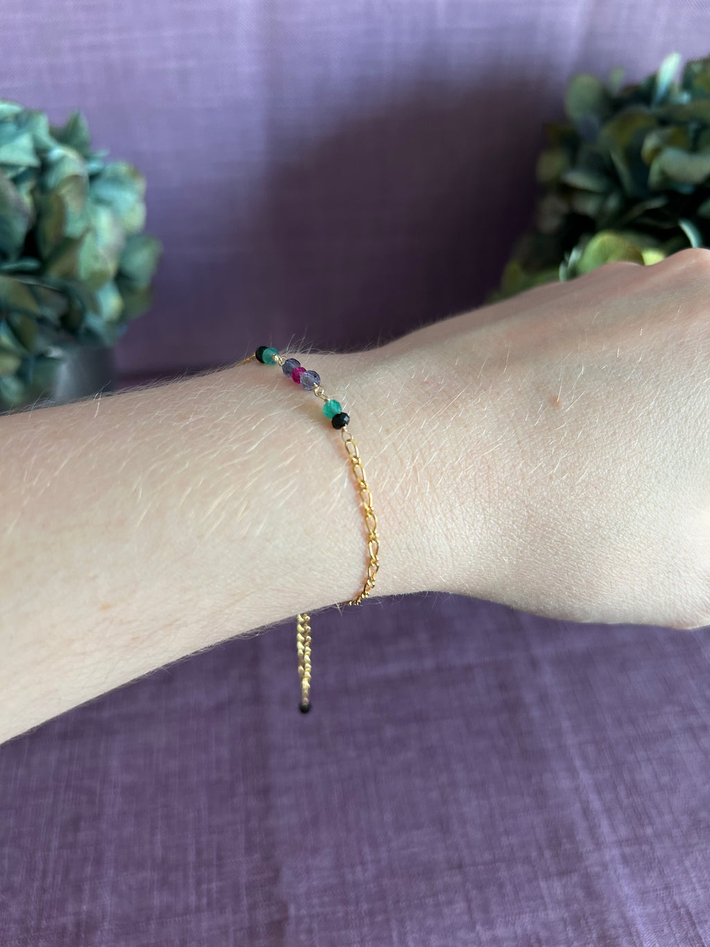 Colorful Gemstone Beaded Bracelet - Black, Green, Purple & Pink