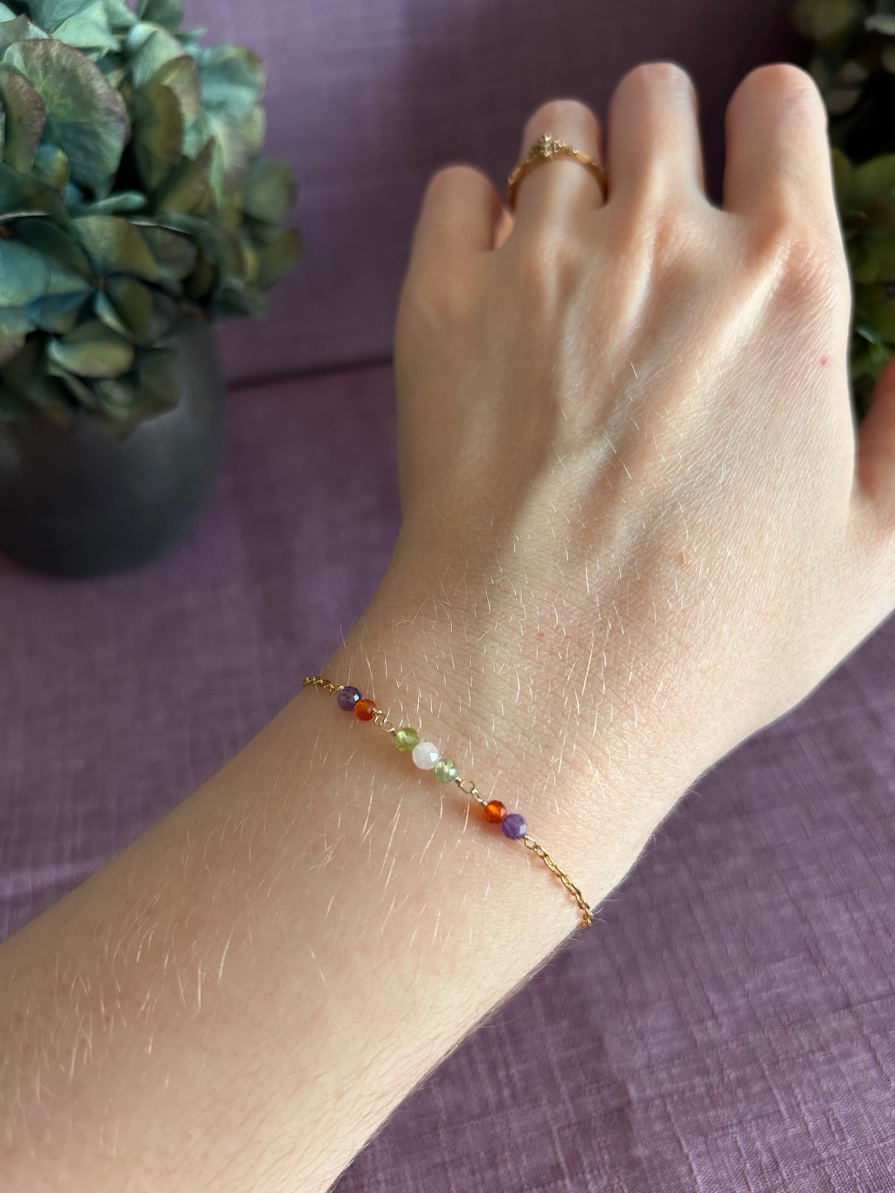 Colorful Gemstone Beaded Bracelet - Purple, Orange, Green & Light Pink