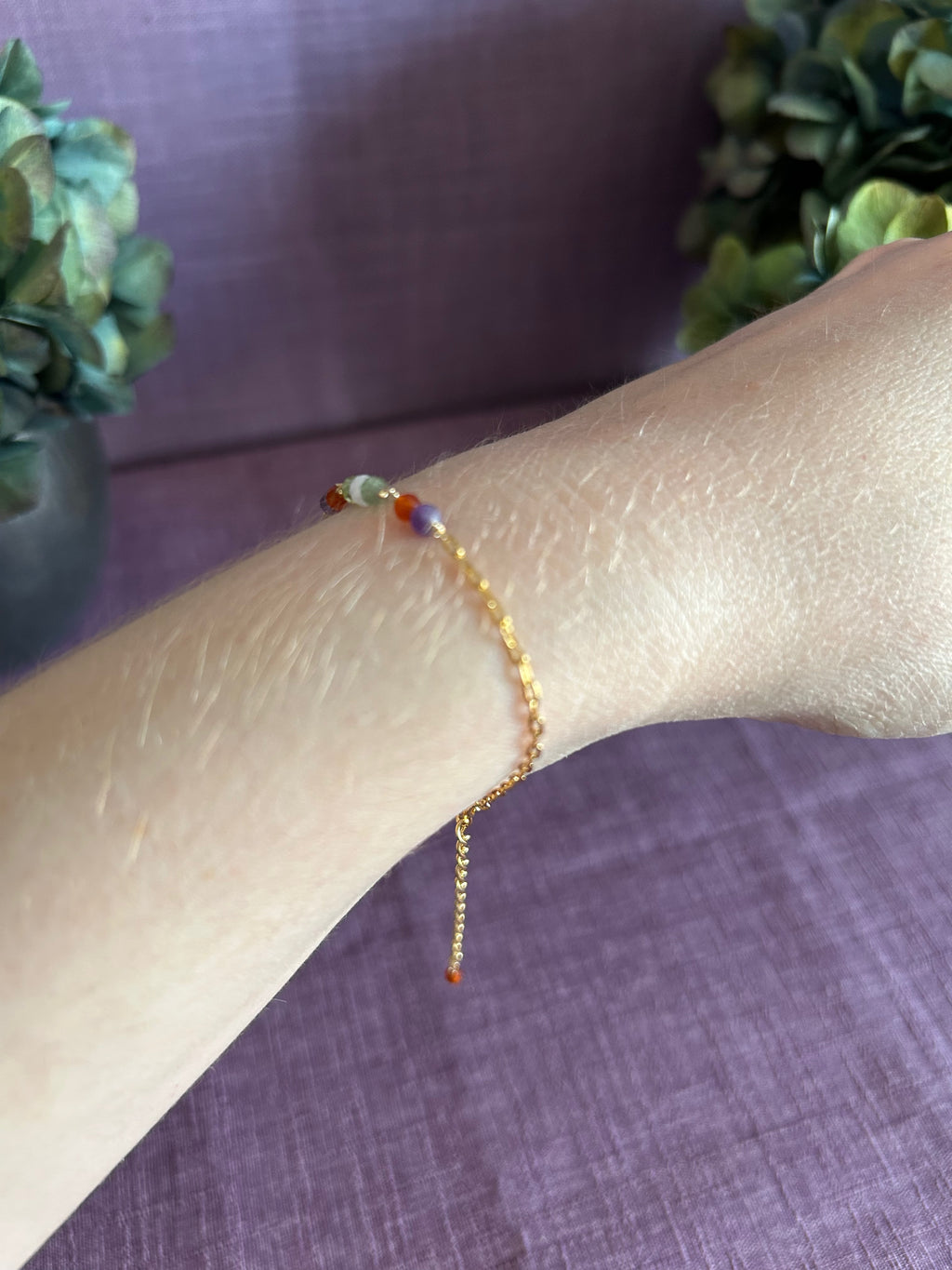 Colorful Gemstone Beaded Bracelet - Purple, Orange, Green & Light Pink