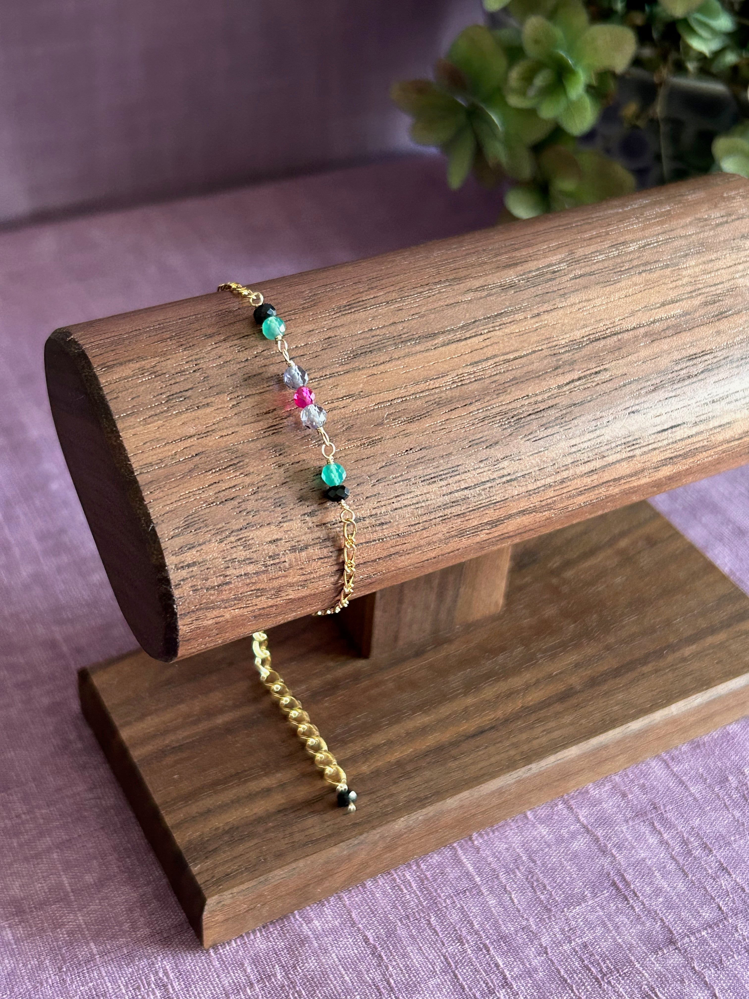 Colorful Gemstone Beaded Bracelet - Black, Green, Purple & Pink