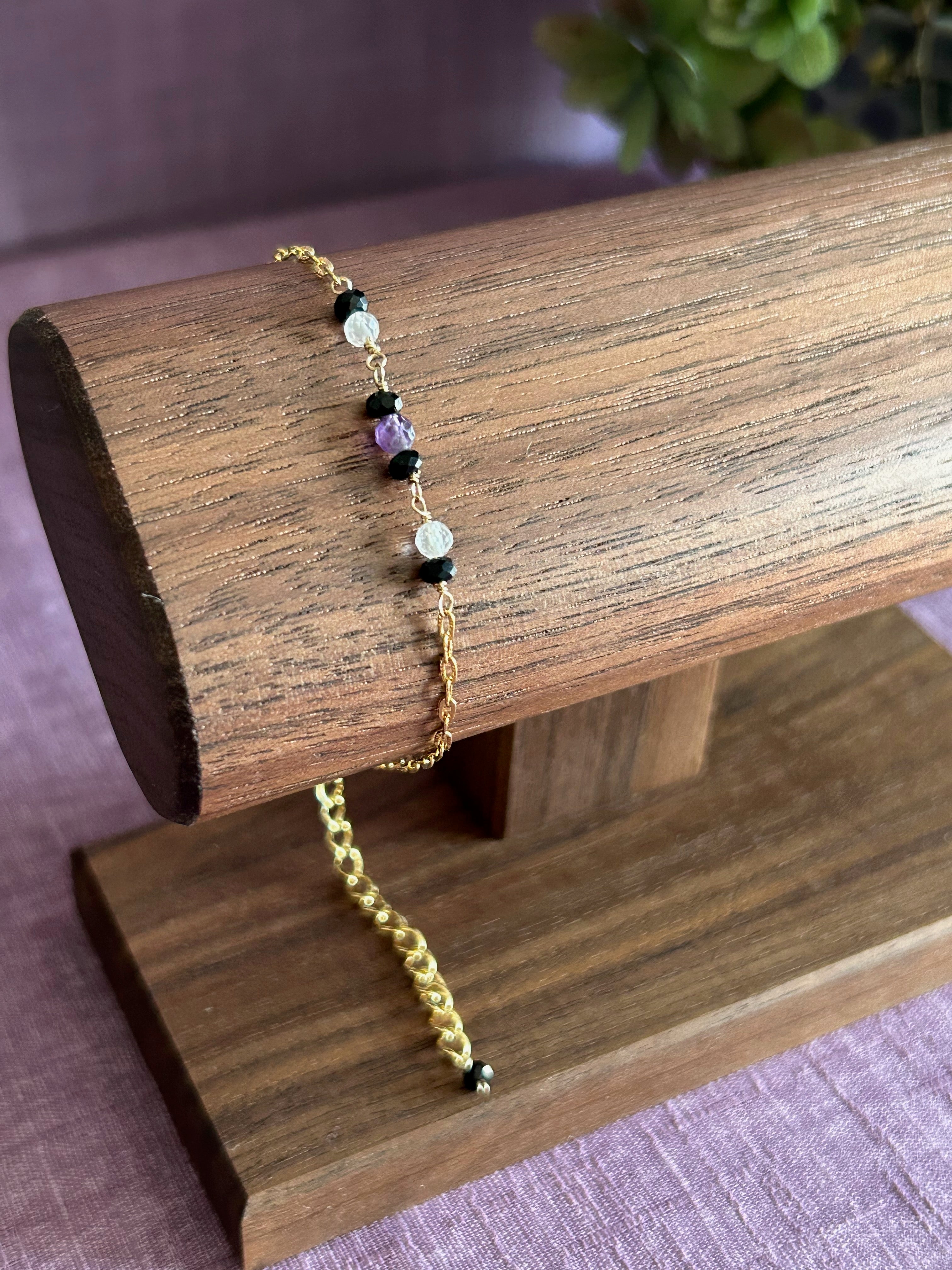 Colorful Gemstone Beaded Bracelet - Black, Light Pink & Purple