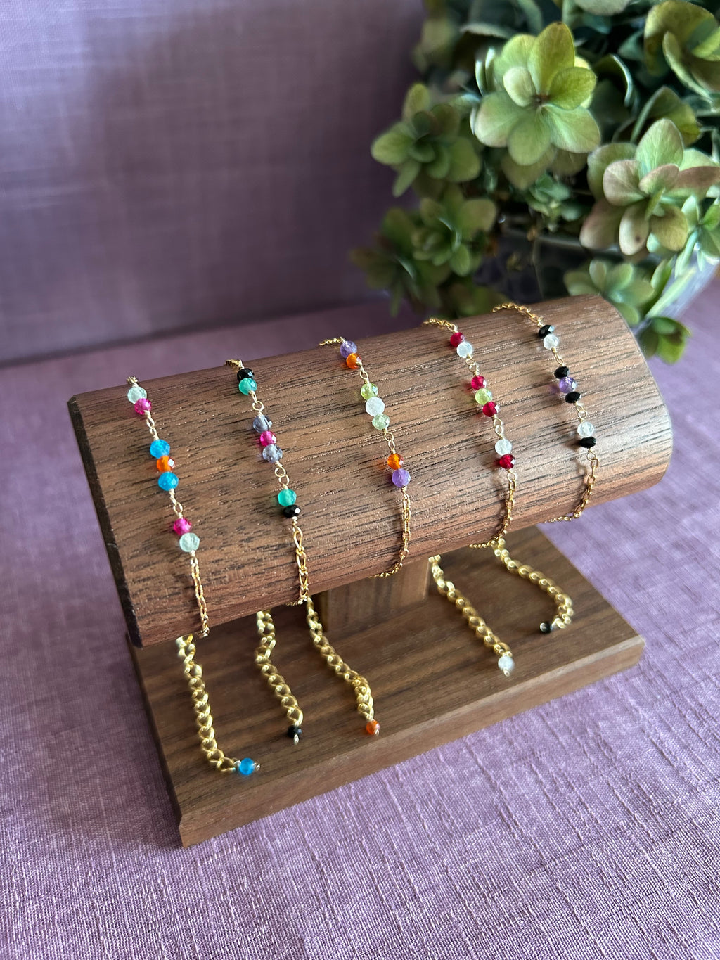 Colorful Gemstone Beaded Bracelet - Black, Green, Purple & Pink