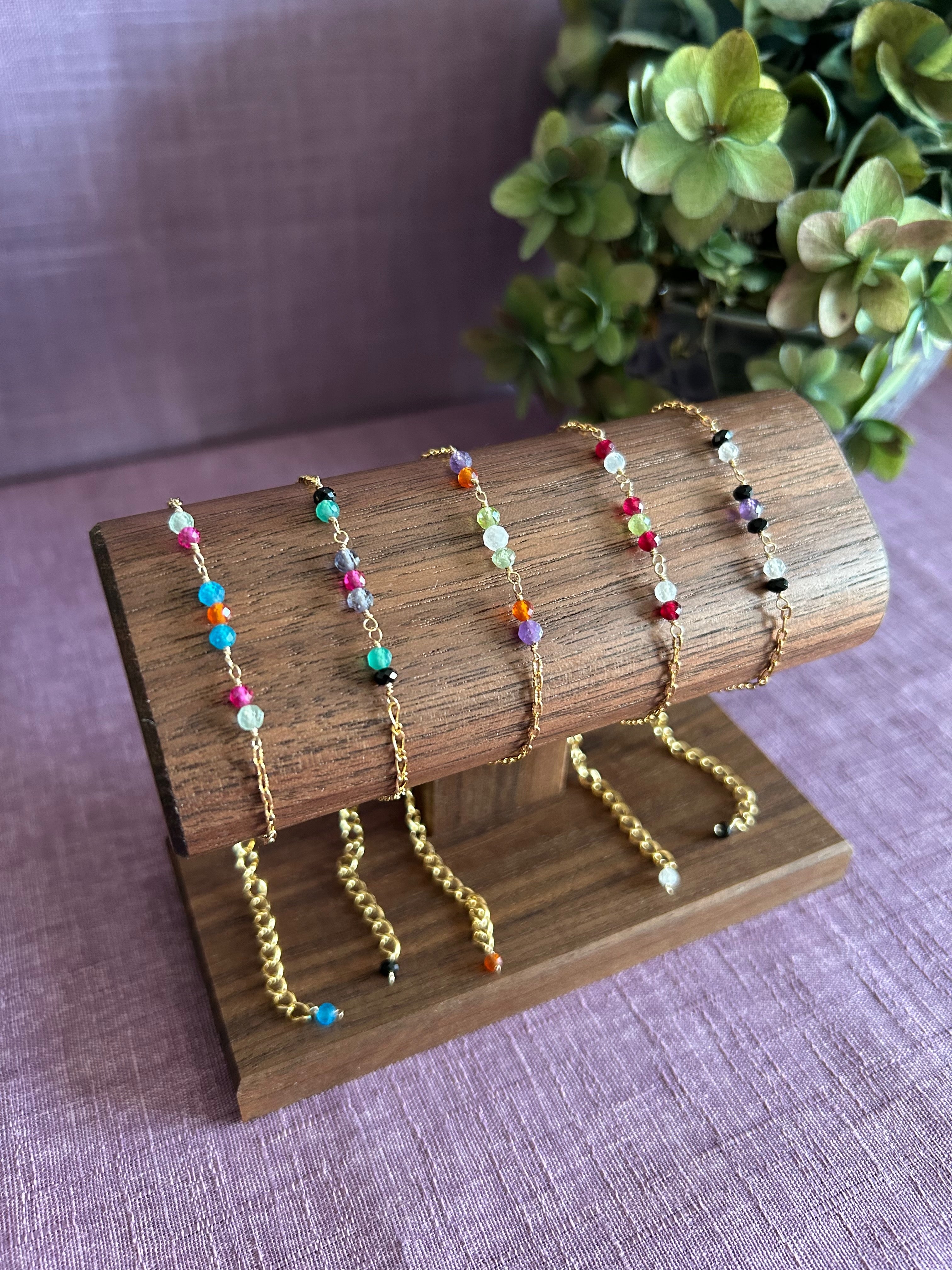 Colorful Gemstone Beaded Bracelet - Black, Green, Purple & Pink