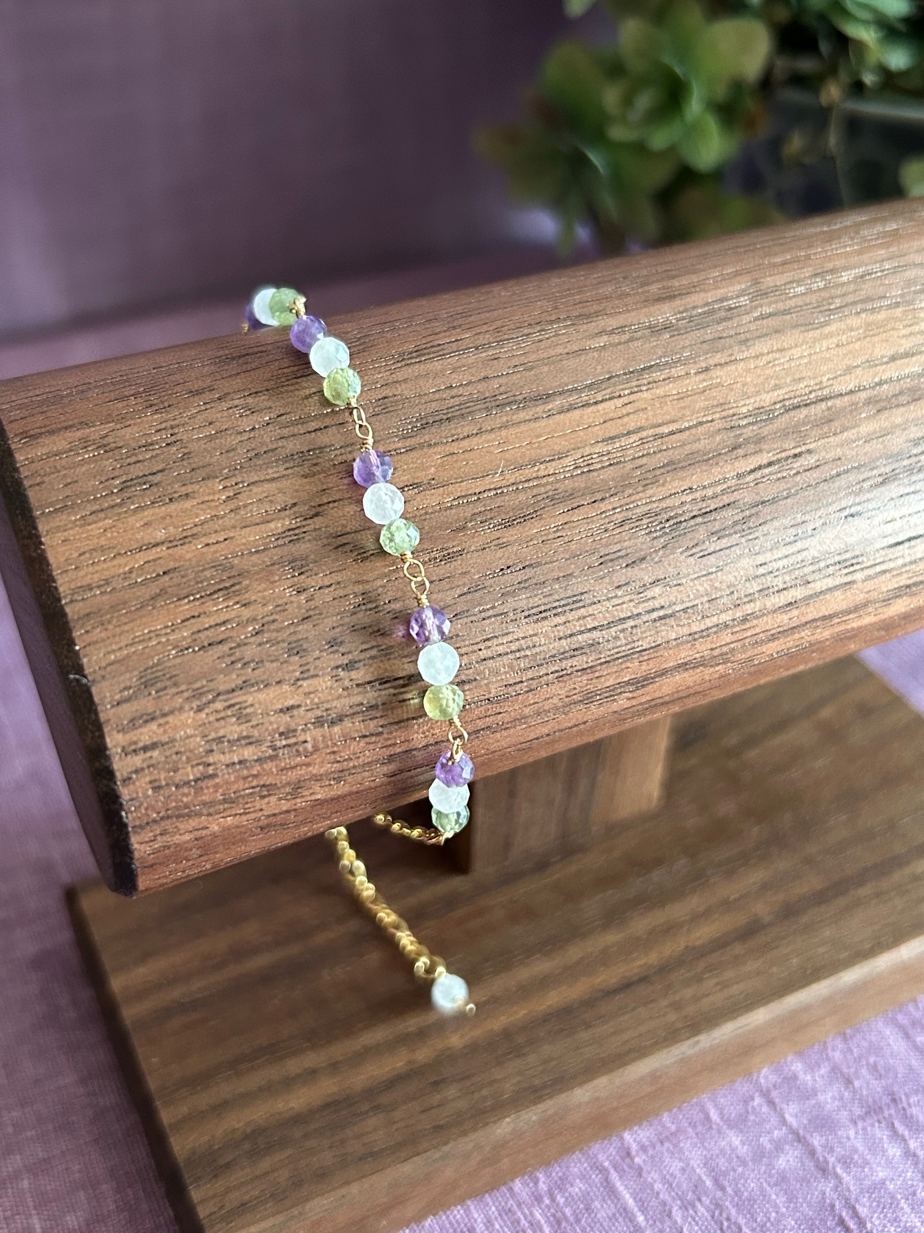 Gemstone Beaded Bracelet - Purple, Green & Light Pink