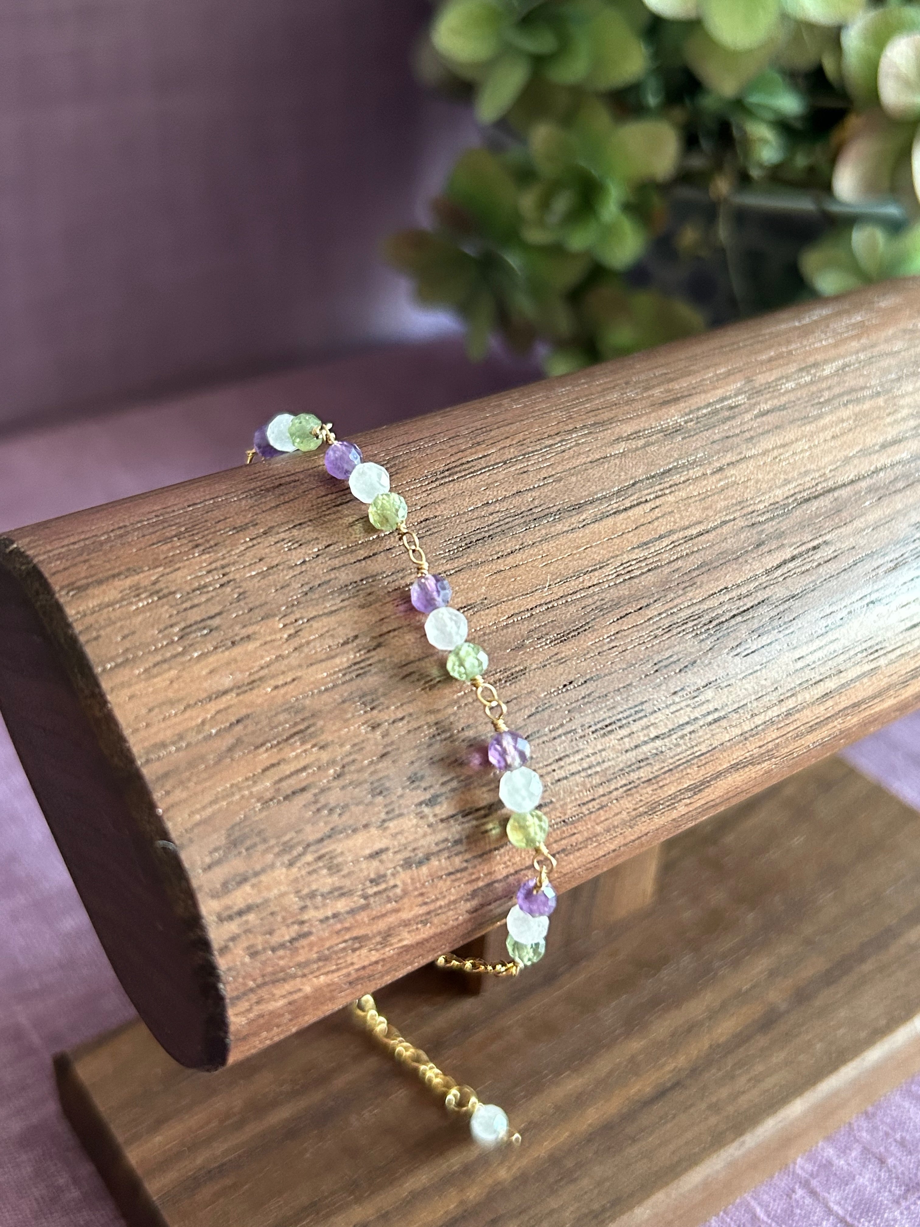Gemstone Beaded Bracelet - Purple, Green & Light Pink