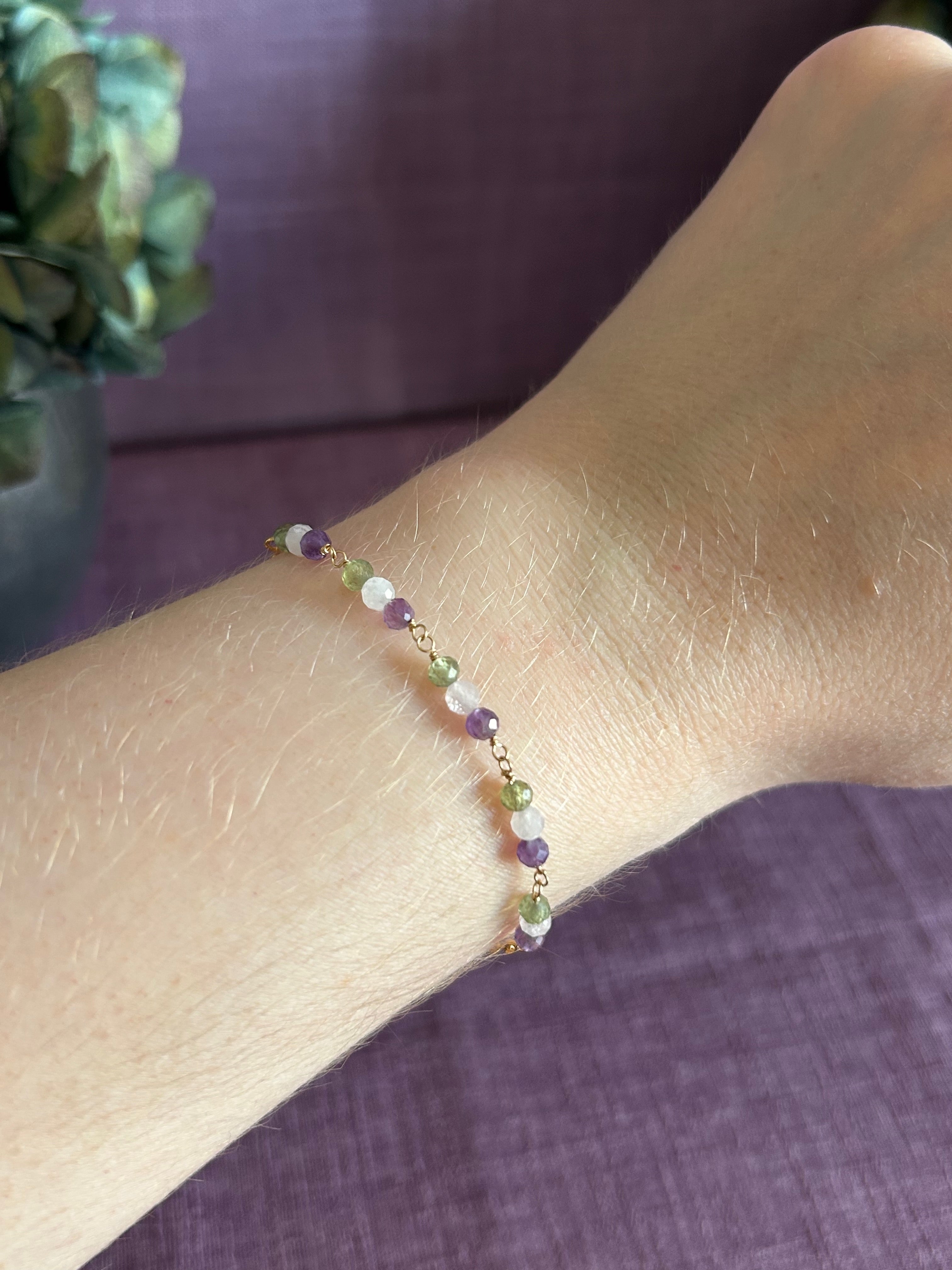 Gemstone Beaded Bracelet - Purple, Green & Light Pink