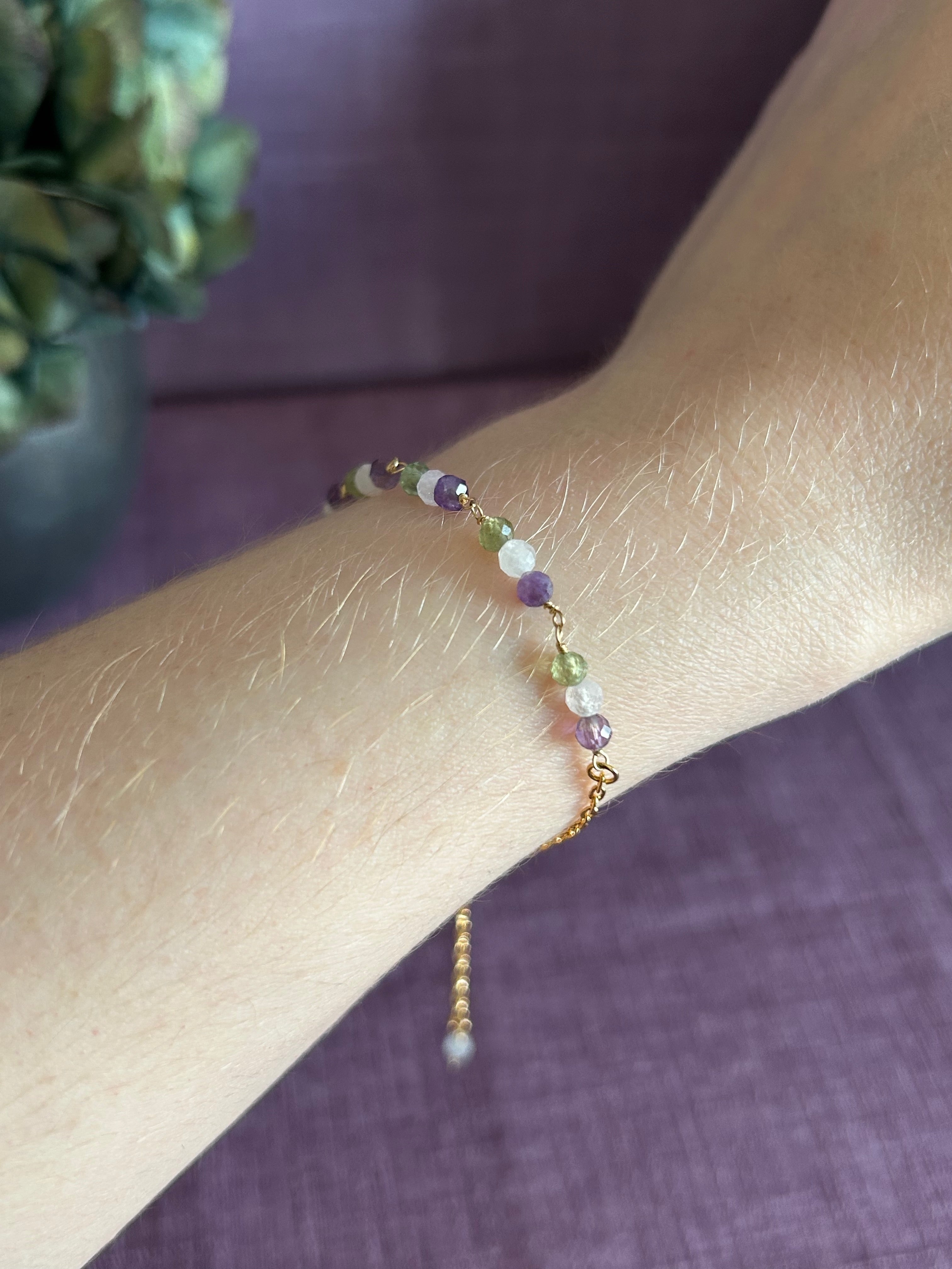 Gemstone Beaded Bracelet - Purple, Green & Light Pink