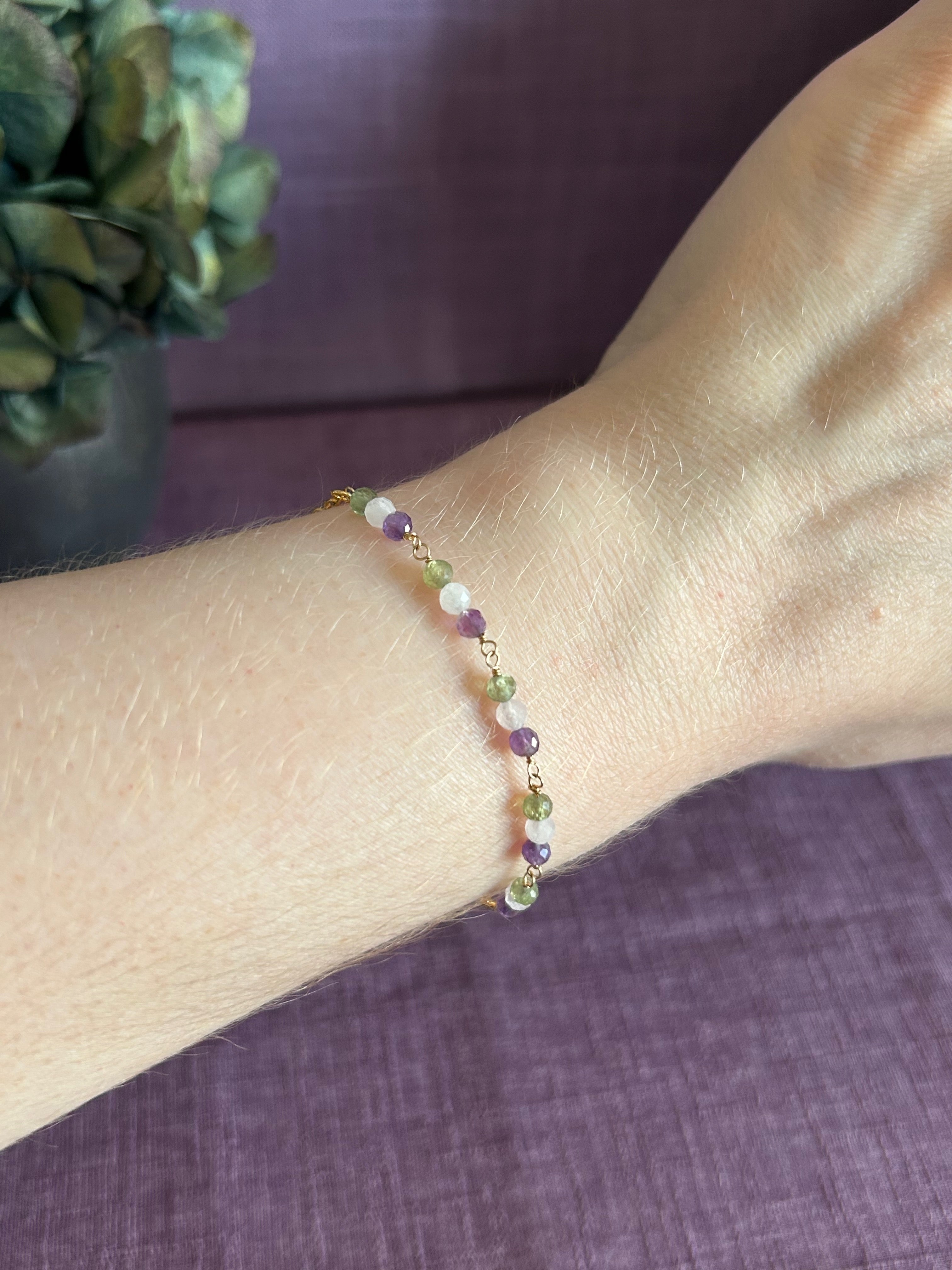 Gemstone Beaded Bracelet - Purple, Green & Light Pink