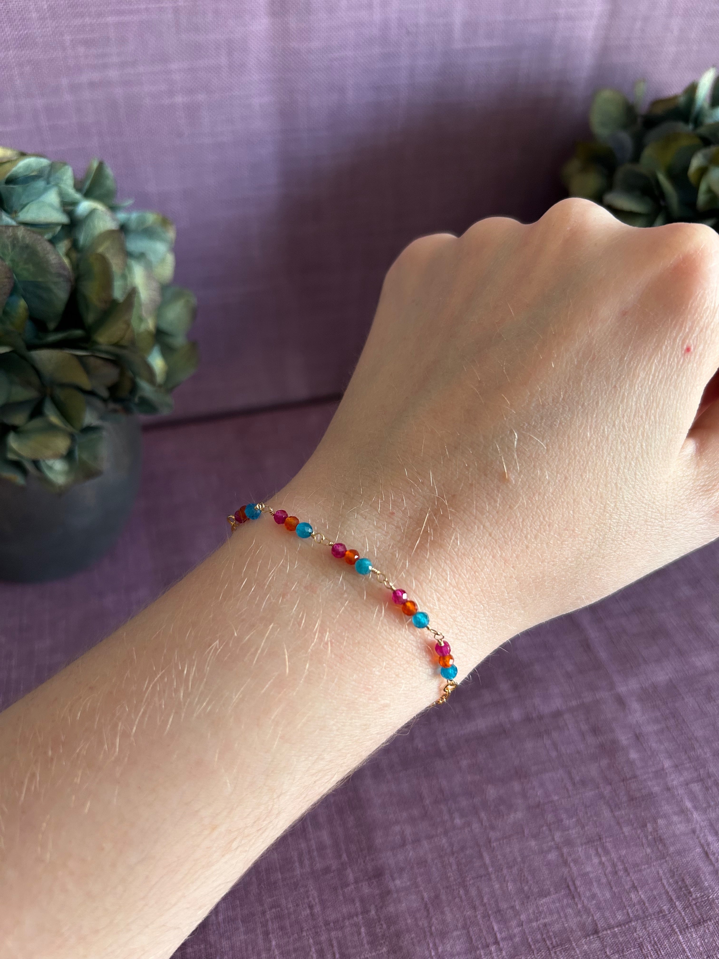 Gemstone Beaded Bracelet - Neon Blue, Orange, Pink