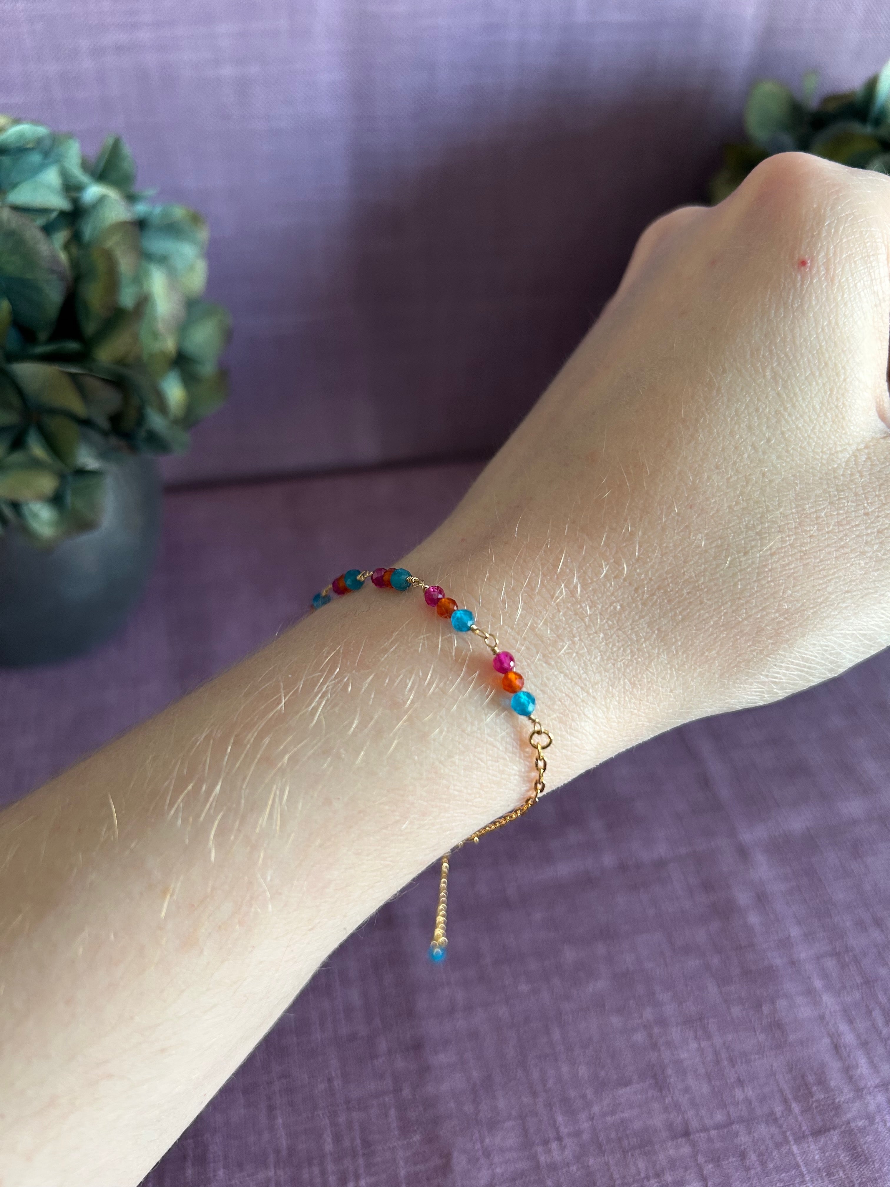 Gemstone Beaded Bracelet - Neon Blue, Orange, Pink