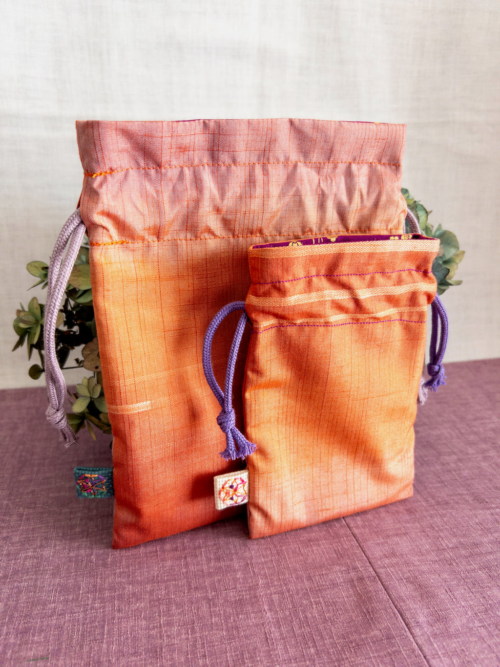 Drawstring Pouch - Orange & Pink shimmers (Big)