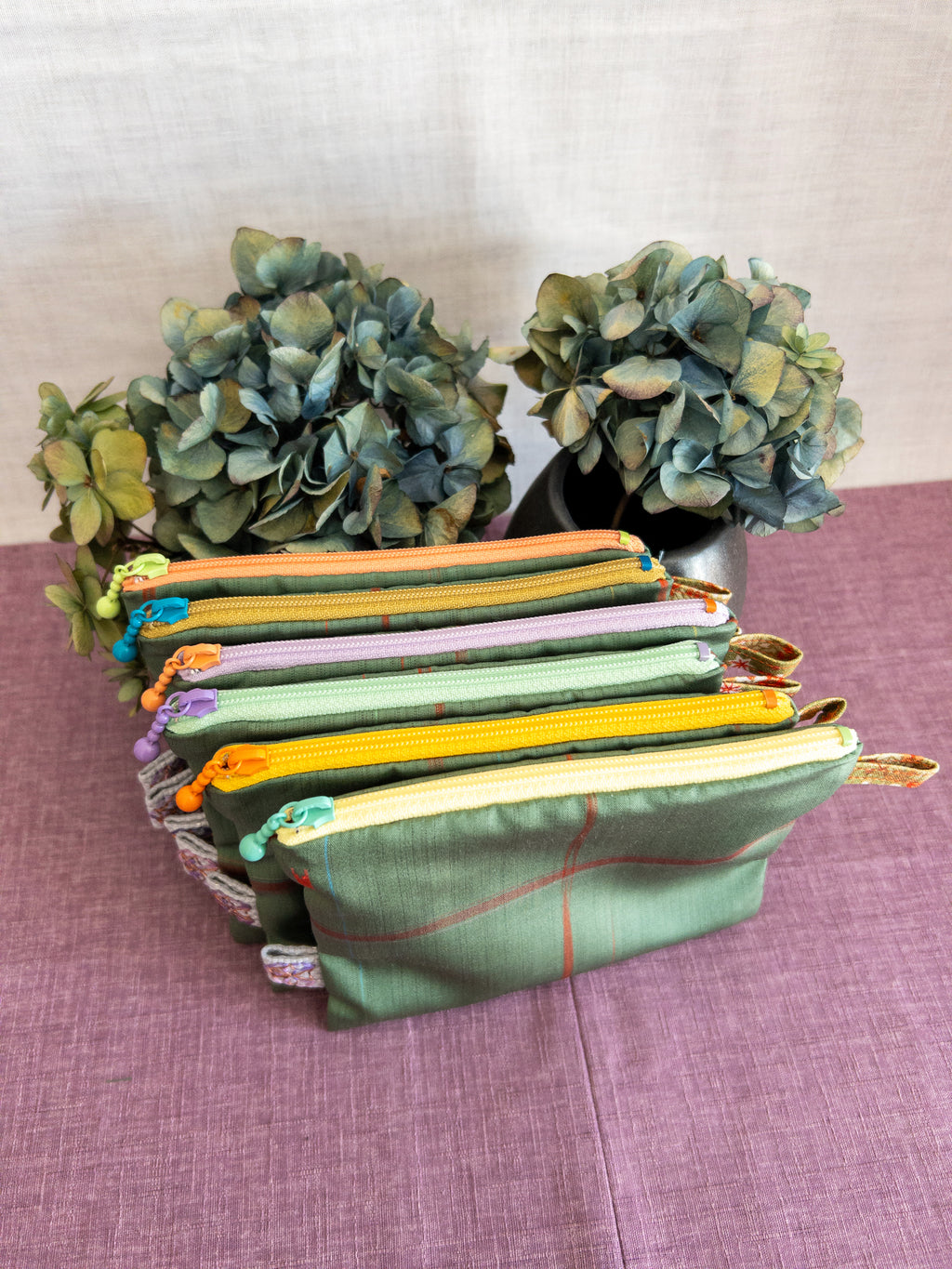 Zipped Pouch - Green & Red stripes (Small)