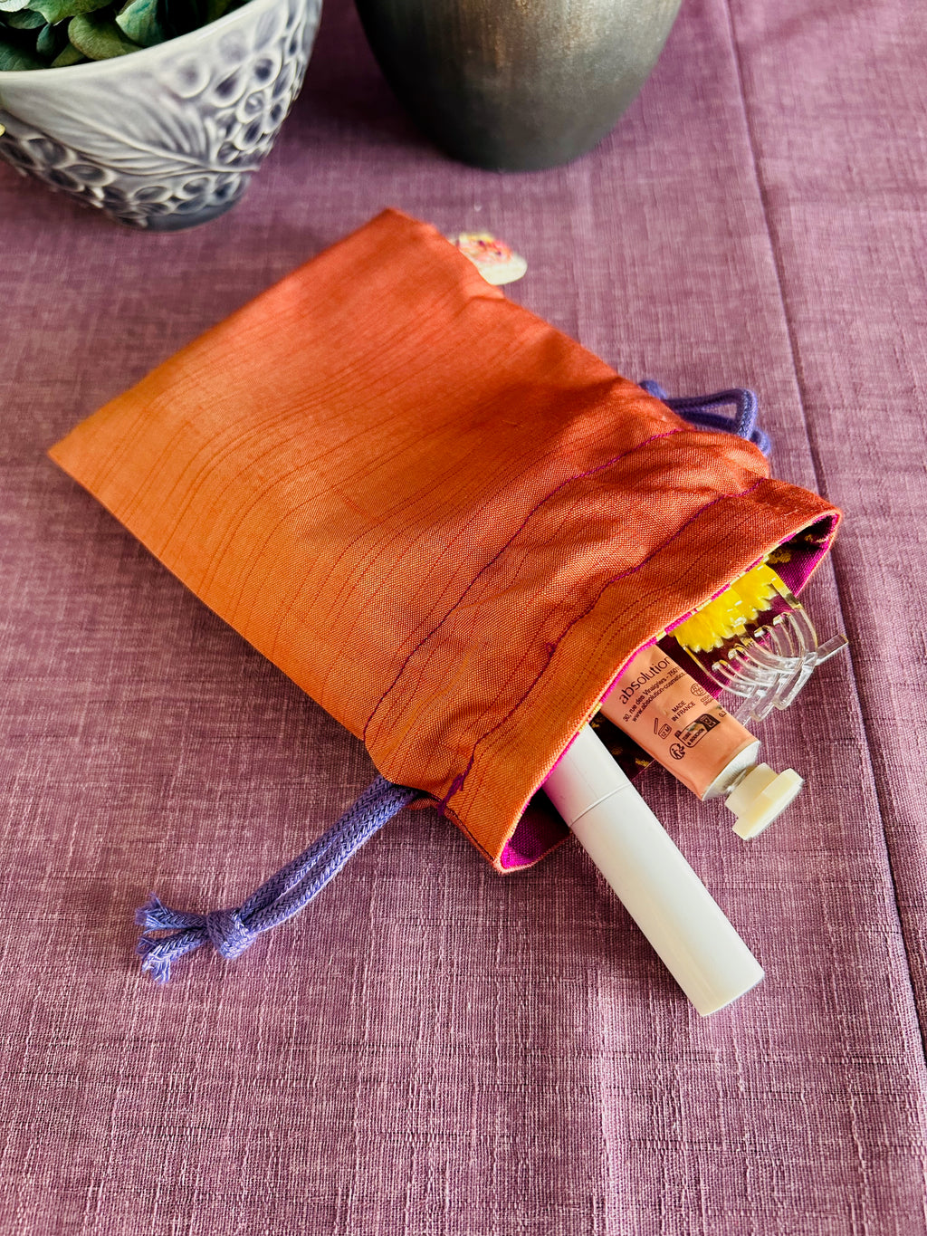 巾着ポーチ - オレンジ＆ピンクのきらめき（小）